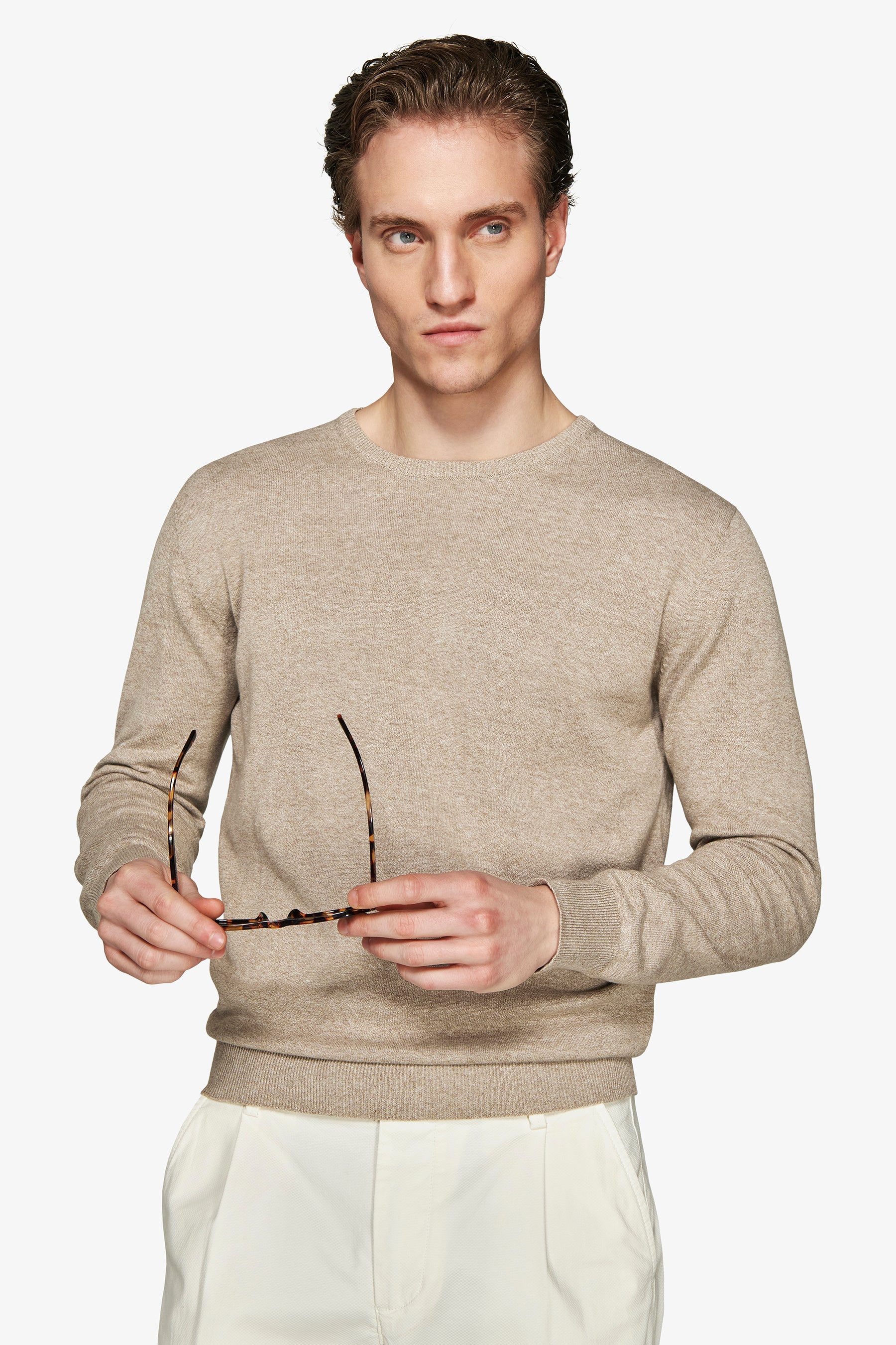 Jersey de cuello redondo básico en algodón gris tórtola