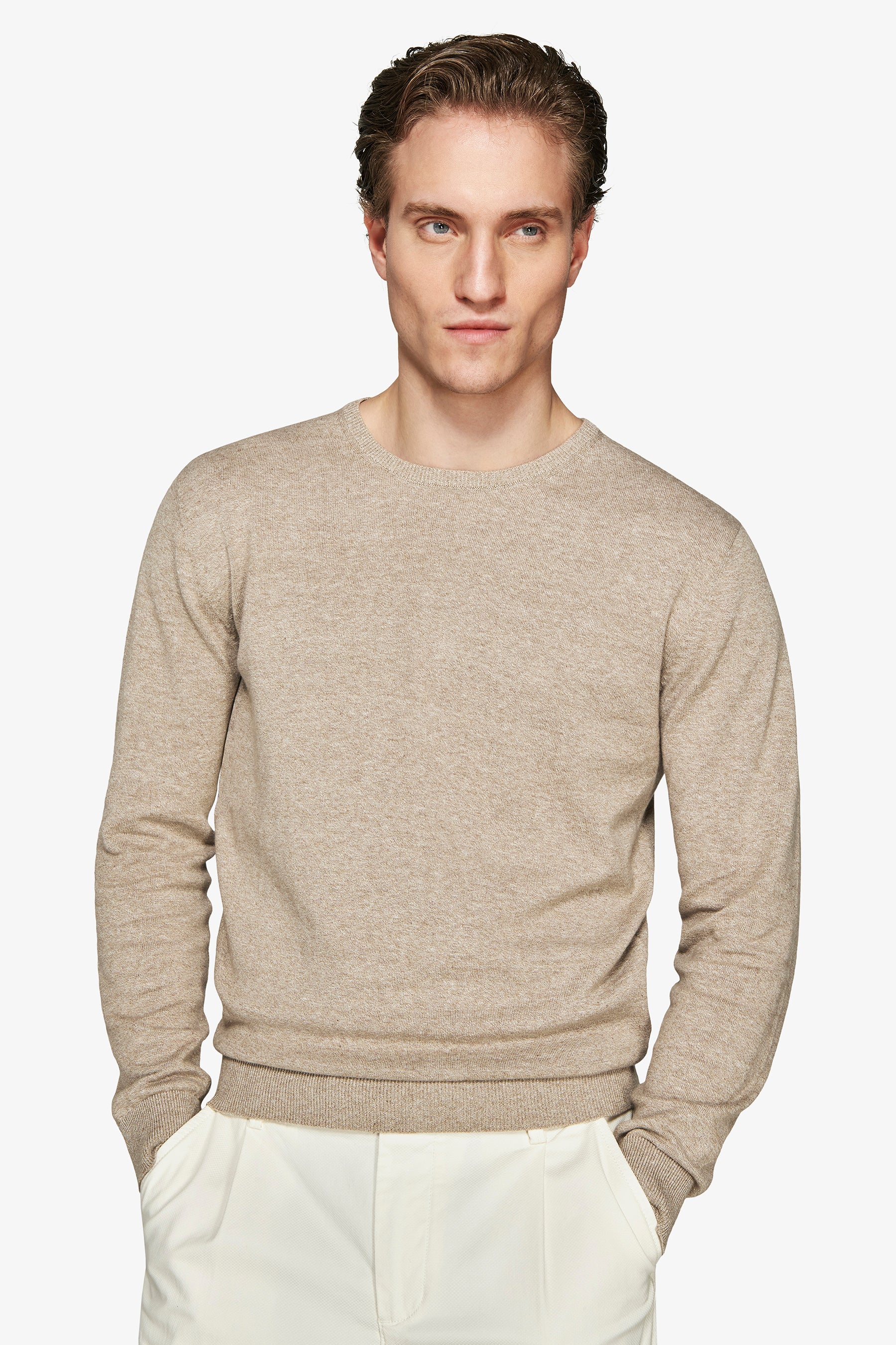 Jersey de cuello redondo básico en algodón gris tórtola