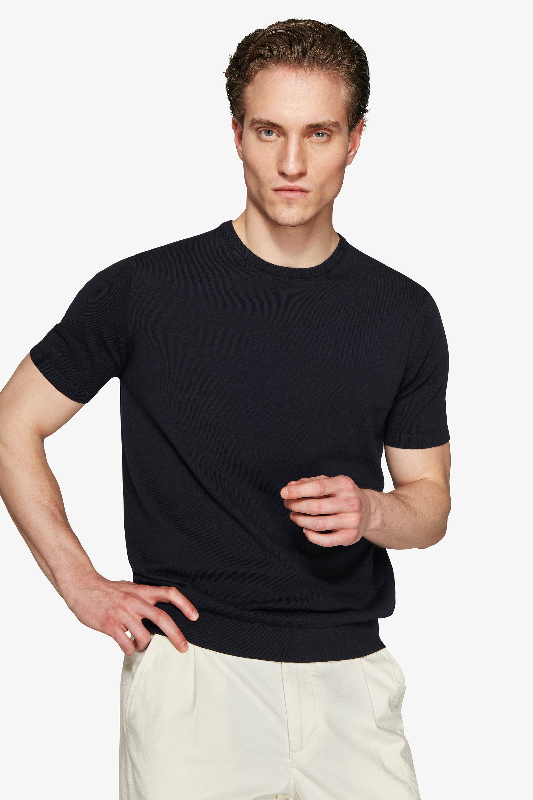 T-shirt in maglia basic in cotone blu