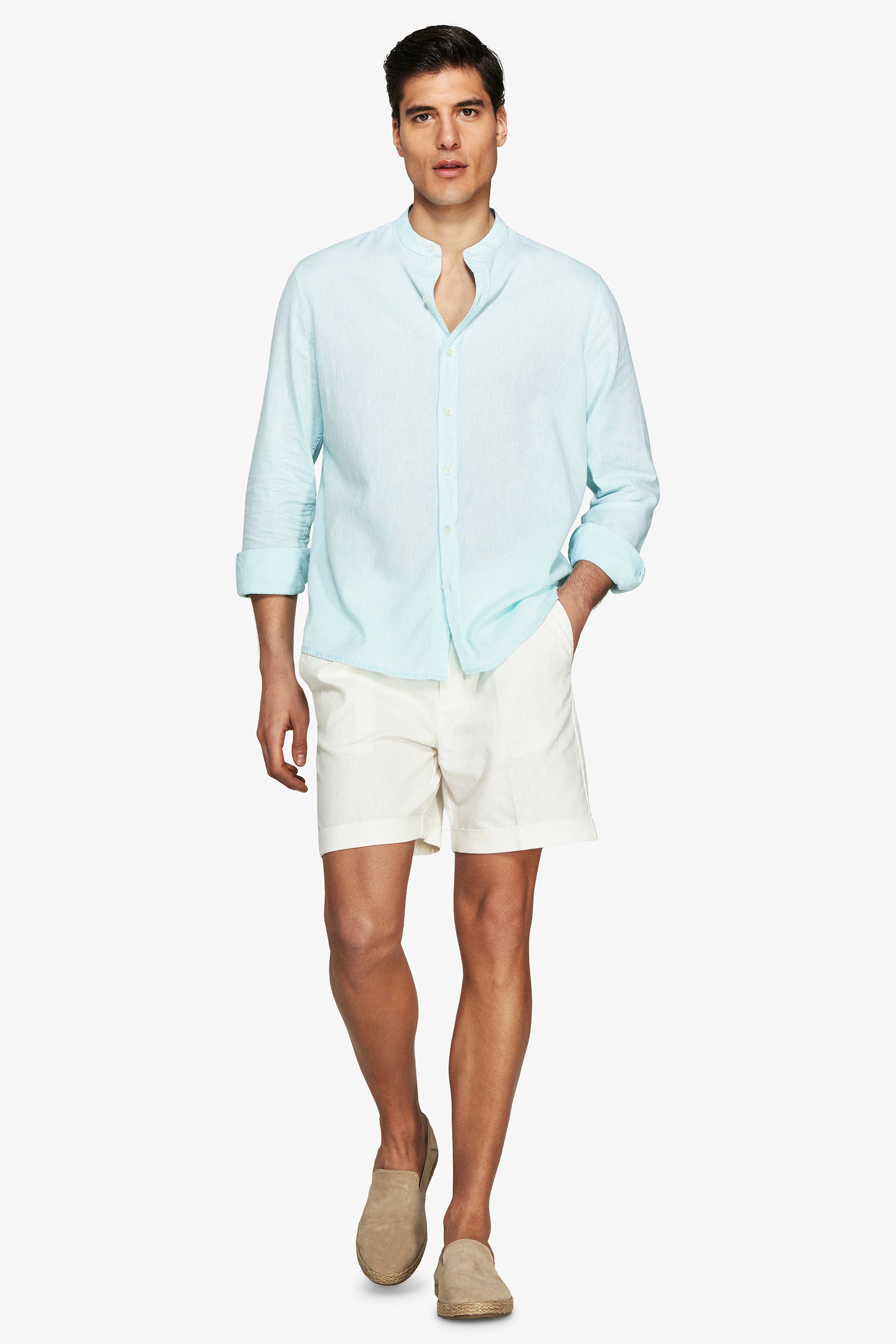 Camisa mezcla de lino cuello mao menta