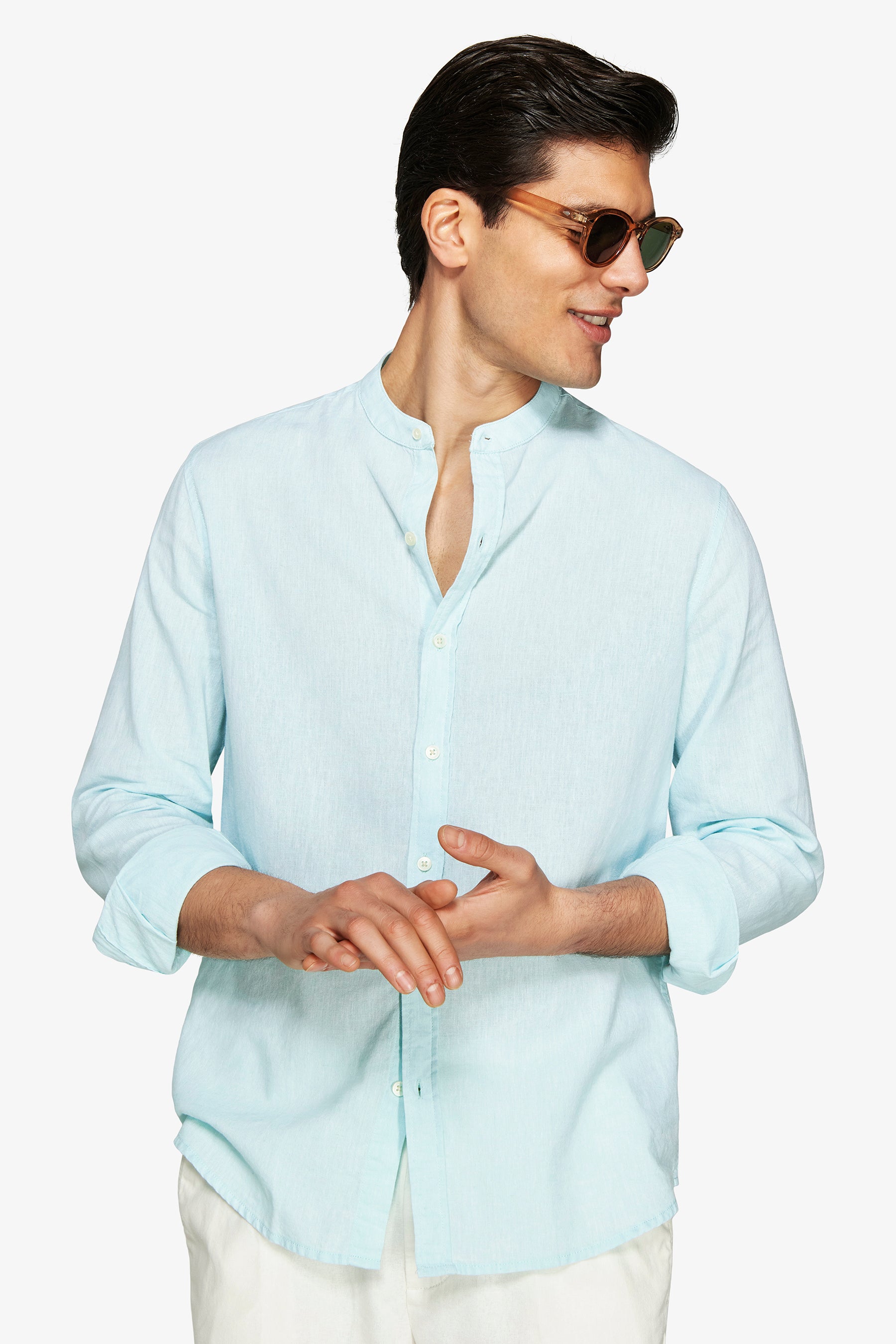 Mint linen blend mandarin collar shirt