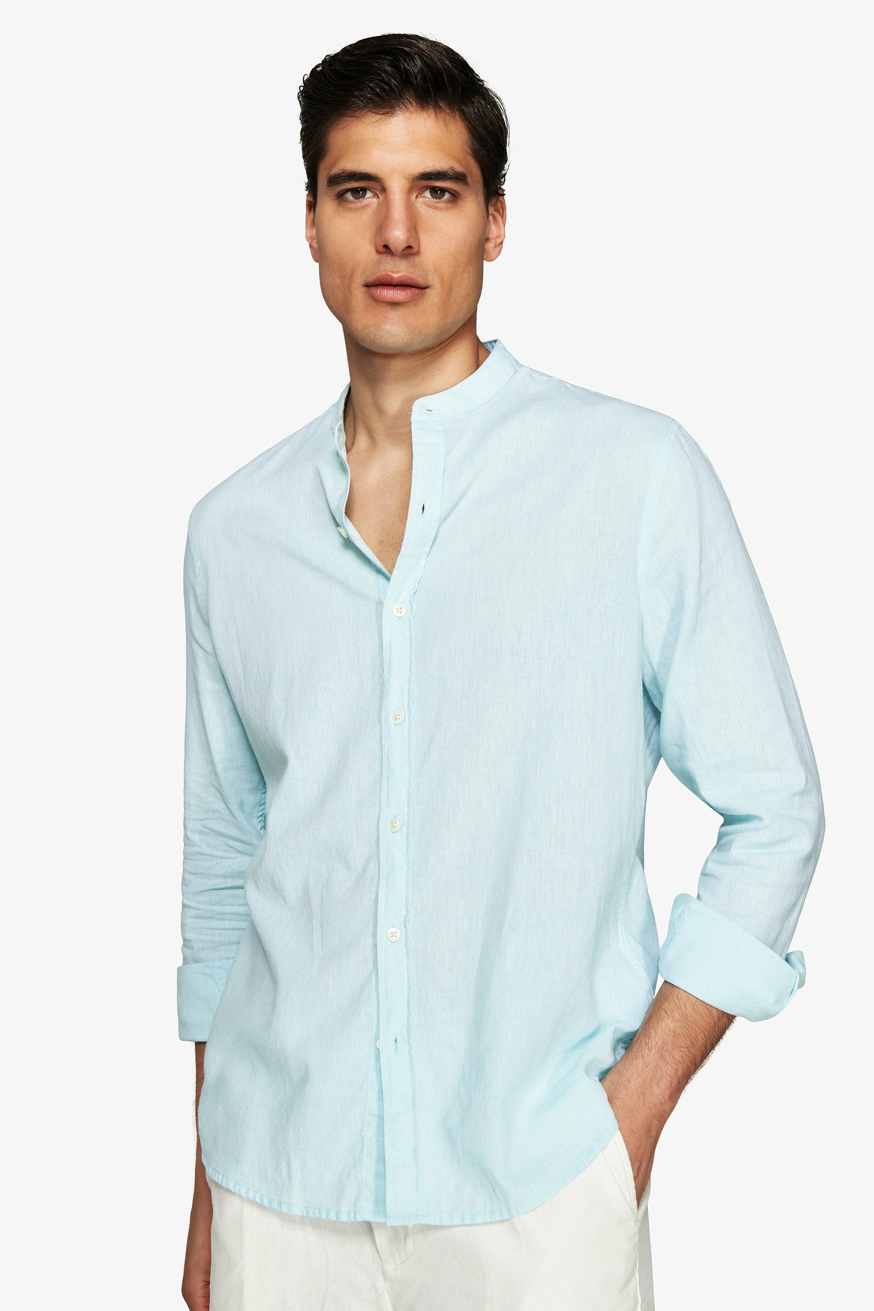 Camisa mezcla de lino cuello mao menta