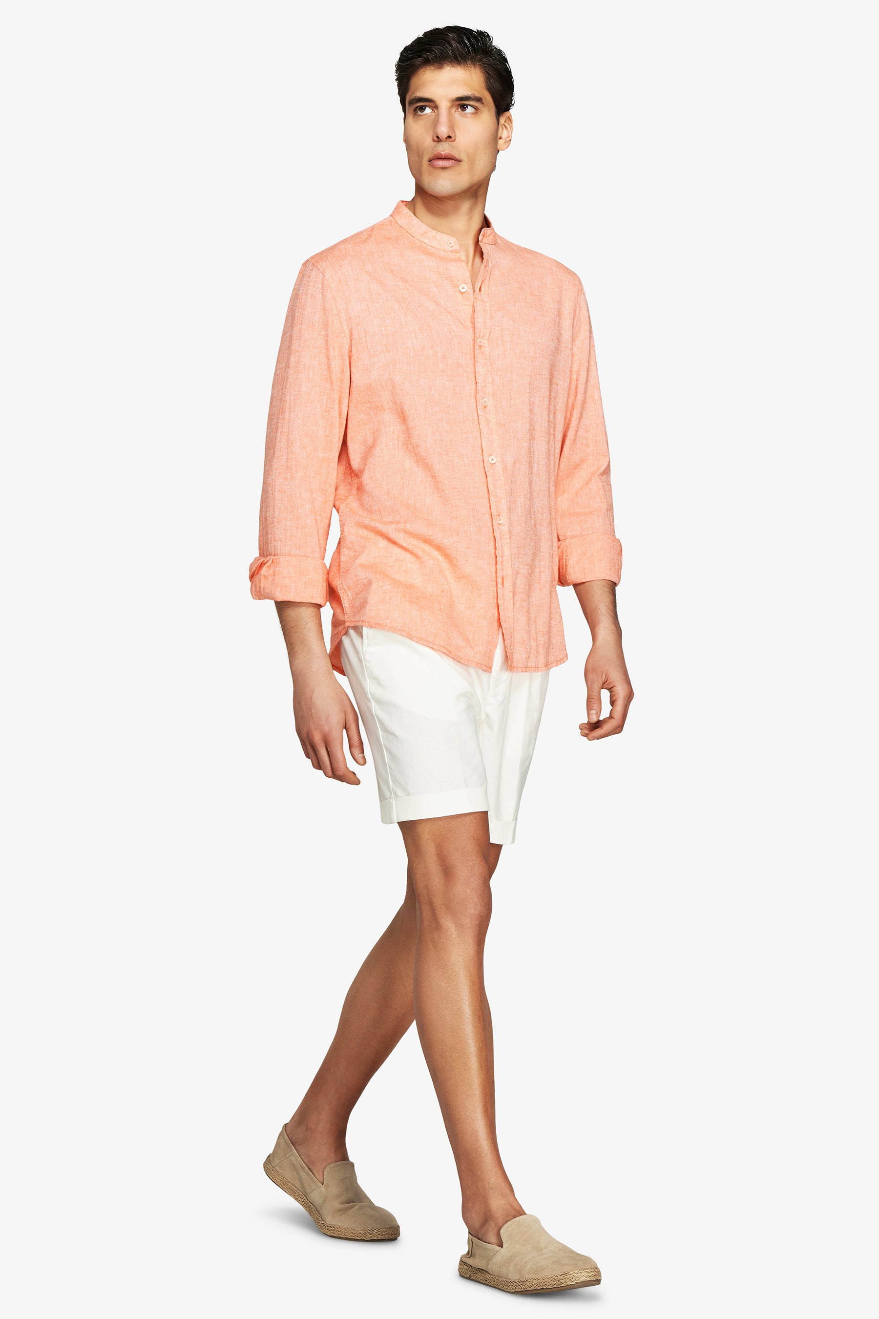 Orange linen blend mandarin collar shirt