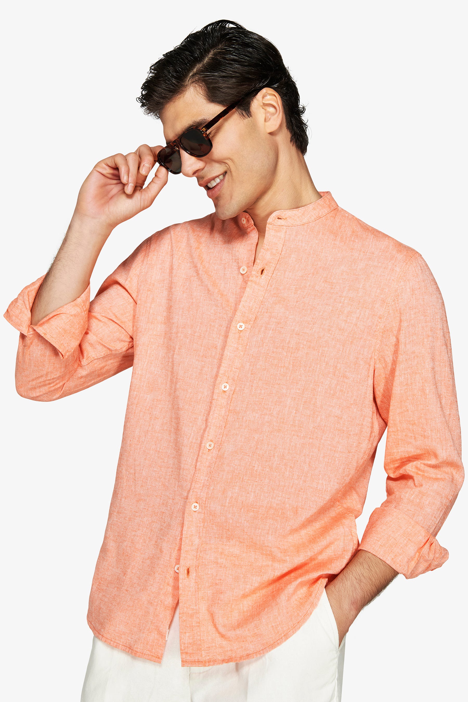 Orange linen blend mandarin collar shirt