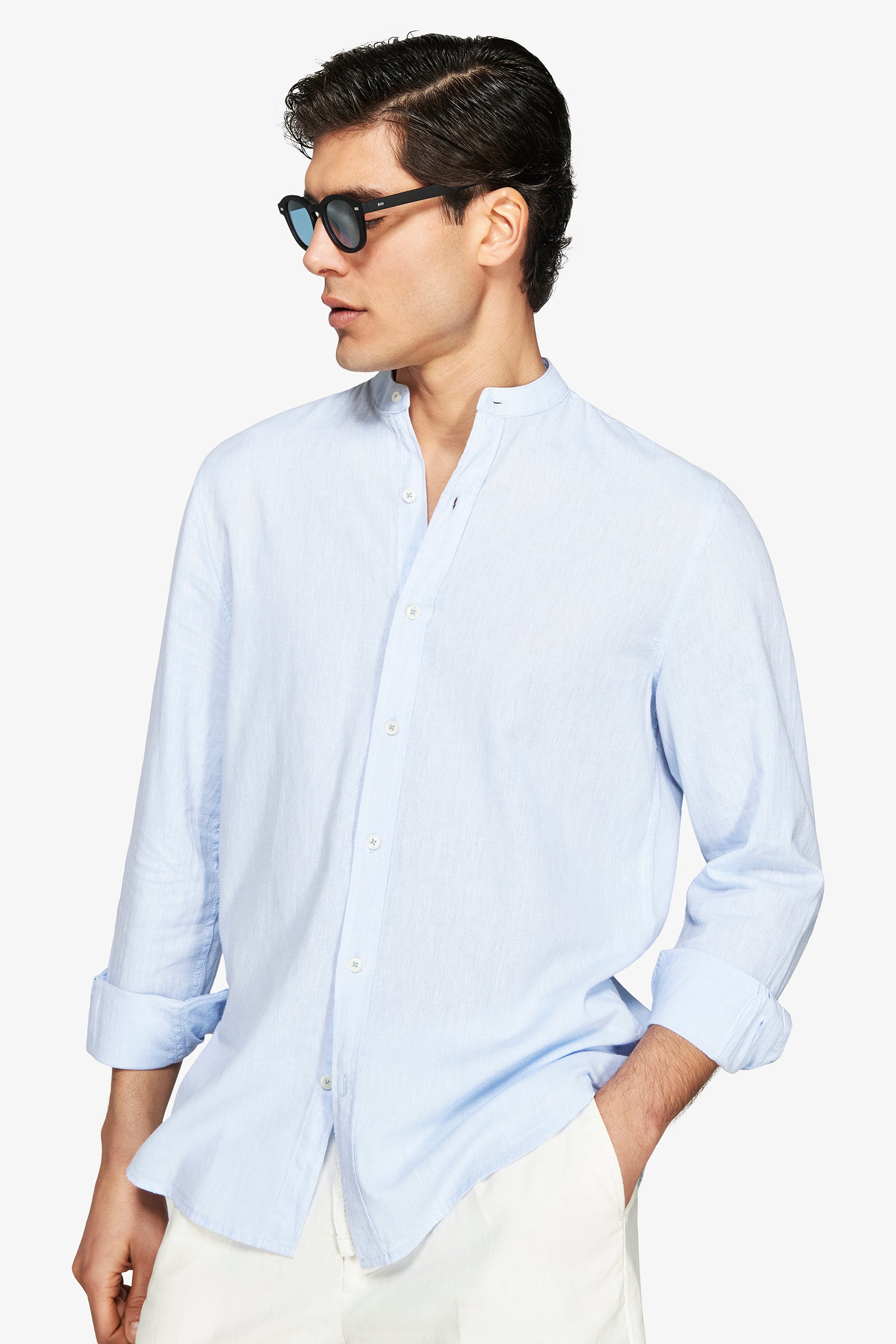 Light blue linen blend mandarin collar shirt