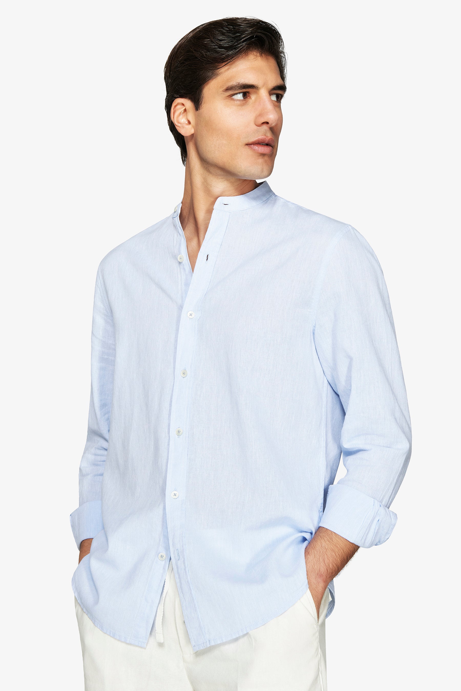 Camicia misto lino coreana celeste