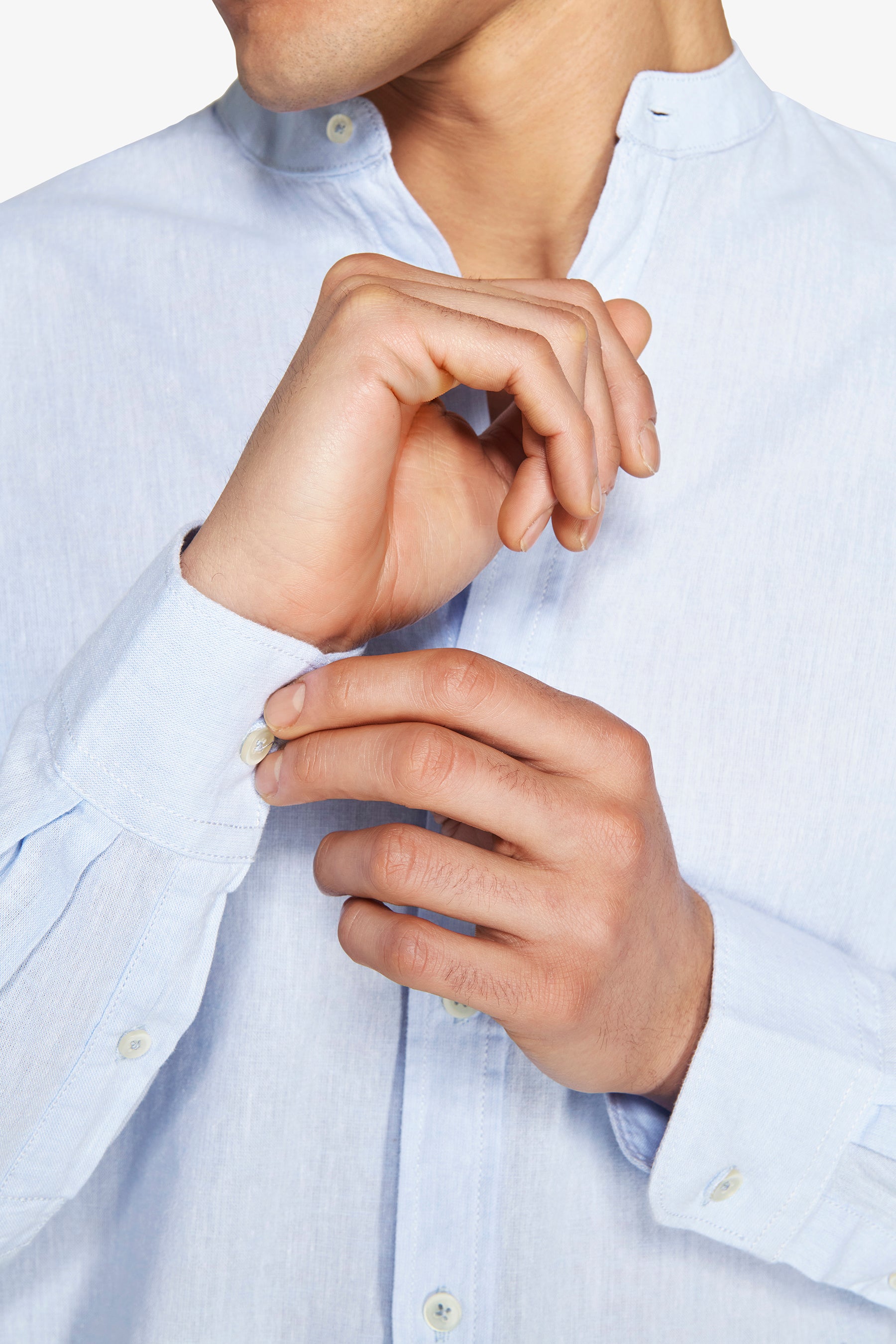 Light blue linen blend mandarin collar shirt