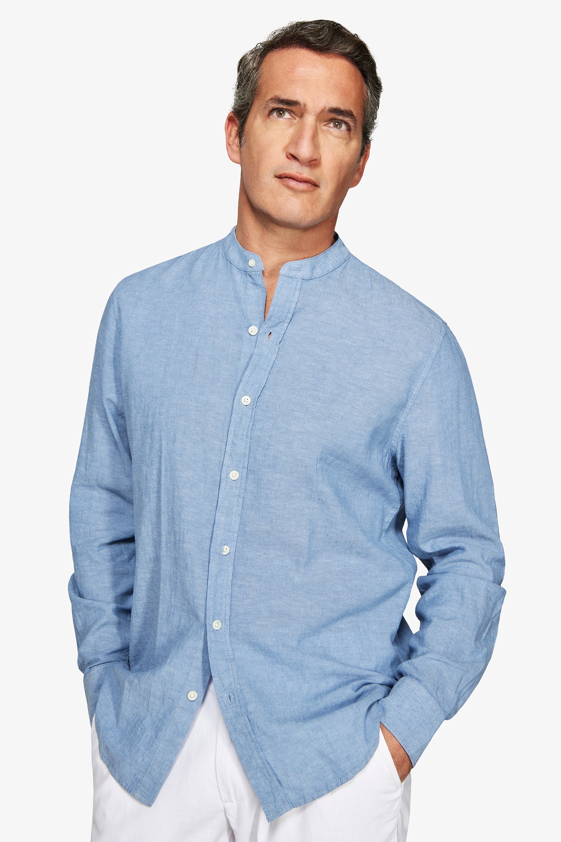 Avion linen blend mandarin collar shirt
