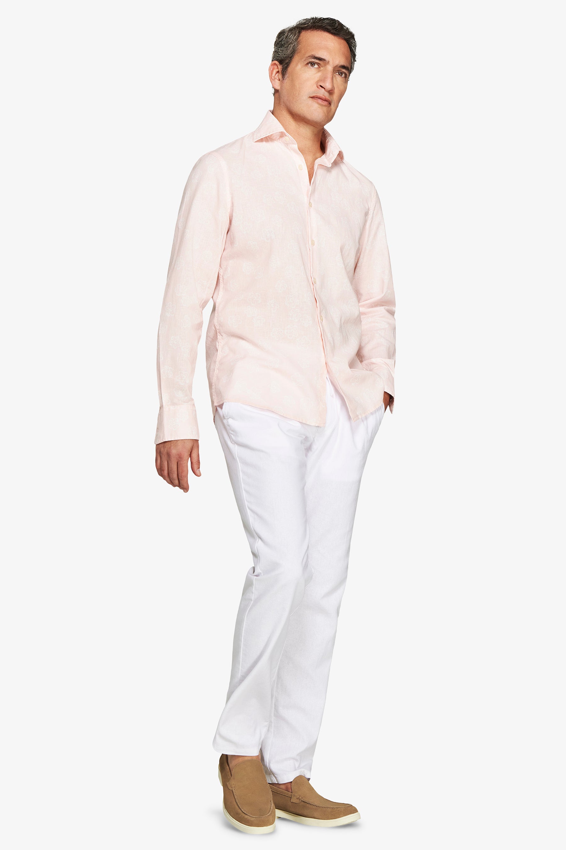 Pink floral print linen blend shirt