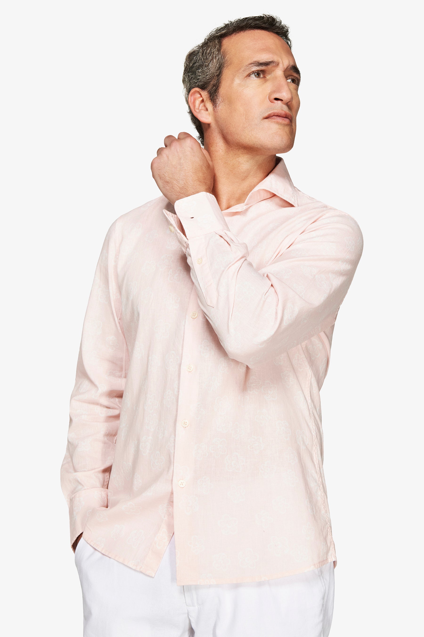 Pink floral print linen blend shirt