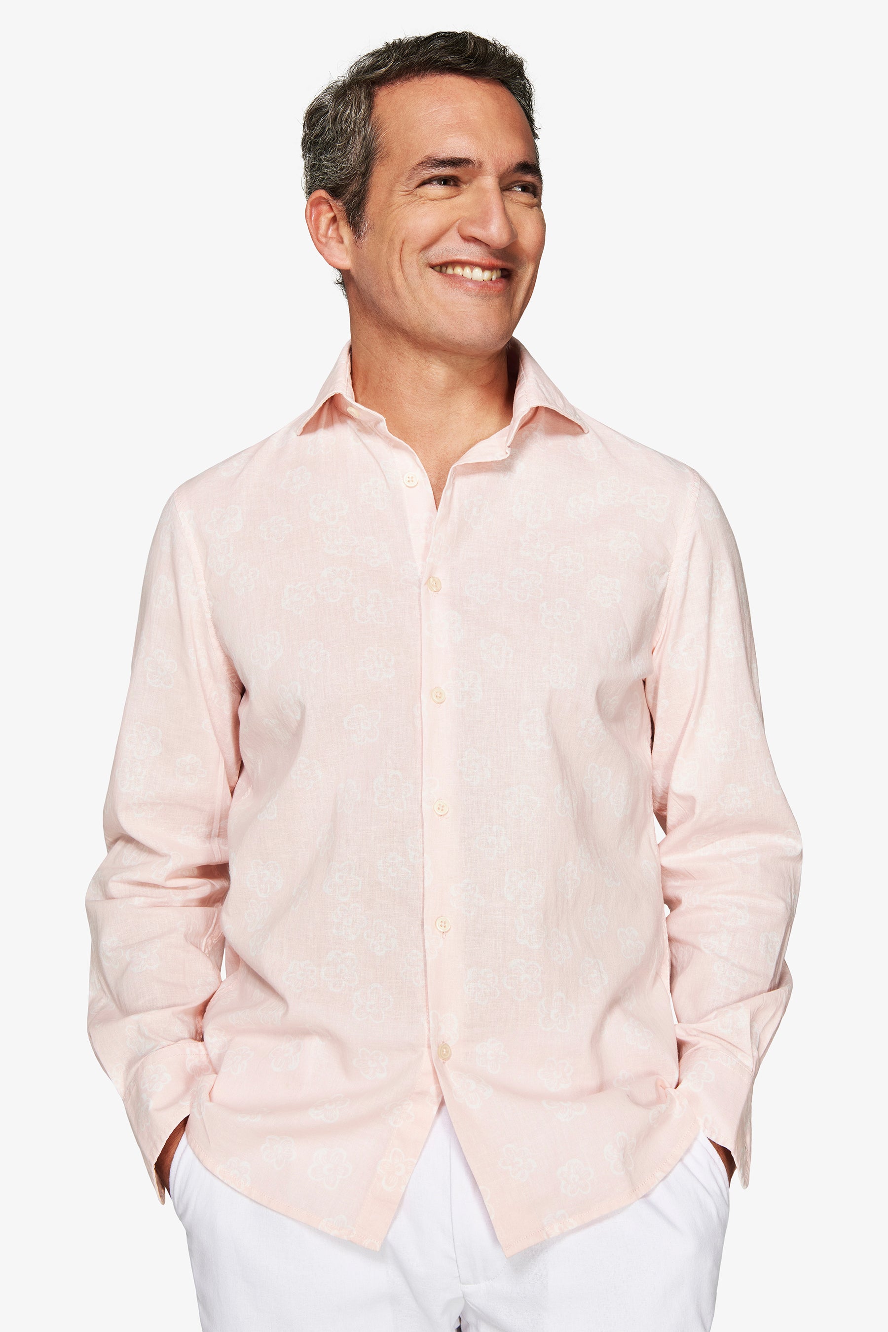 Camicia misto lino stampa fiori rosa