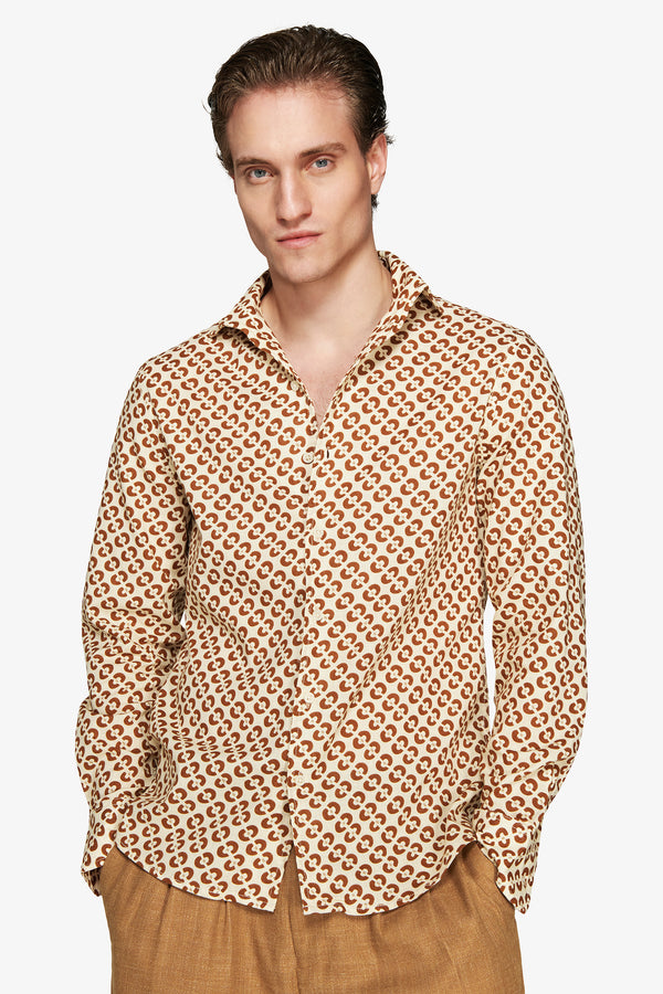Tobacco linen blend circles print shirt