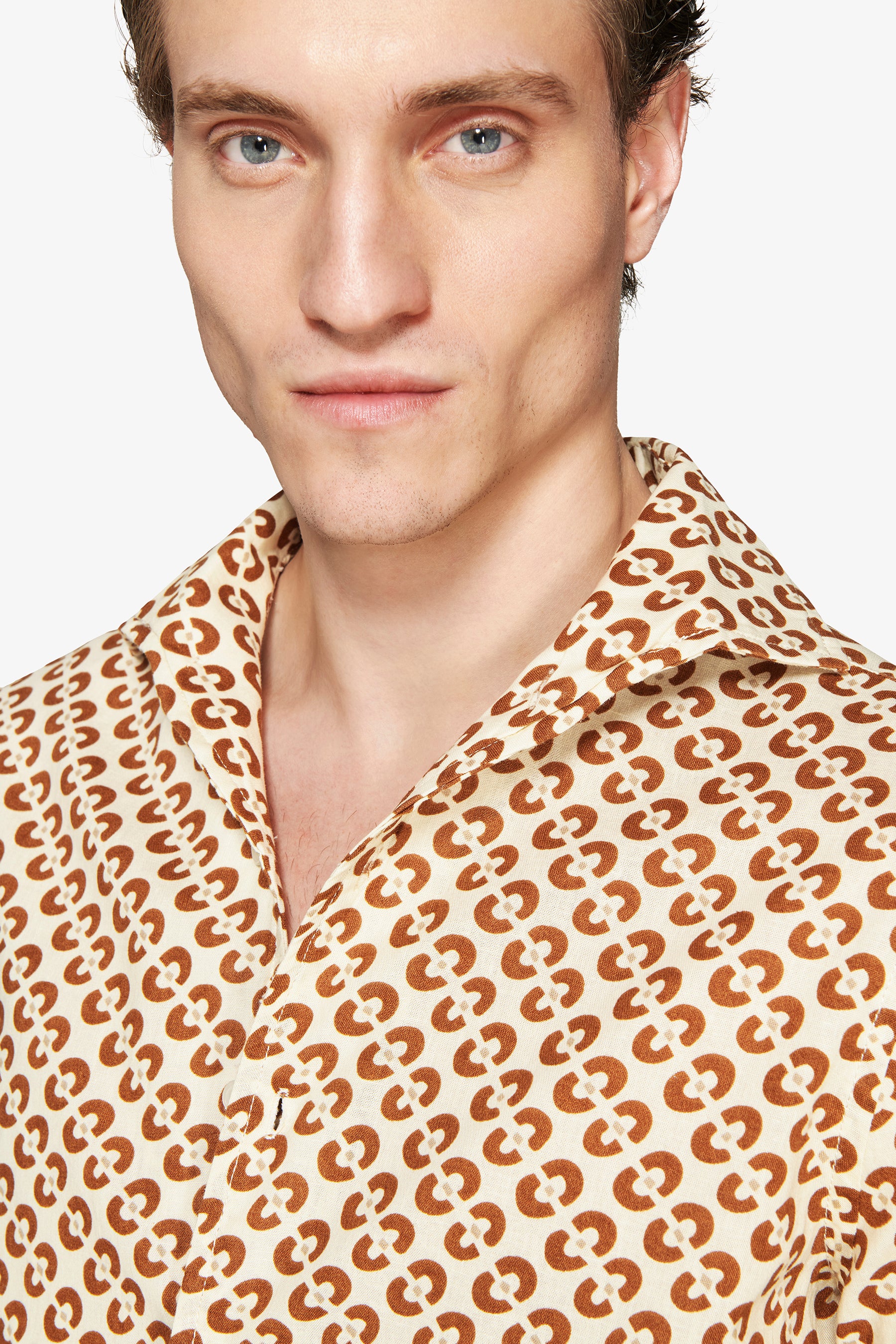 Tobacco linen blend circles print shirt