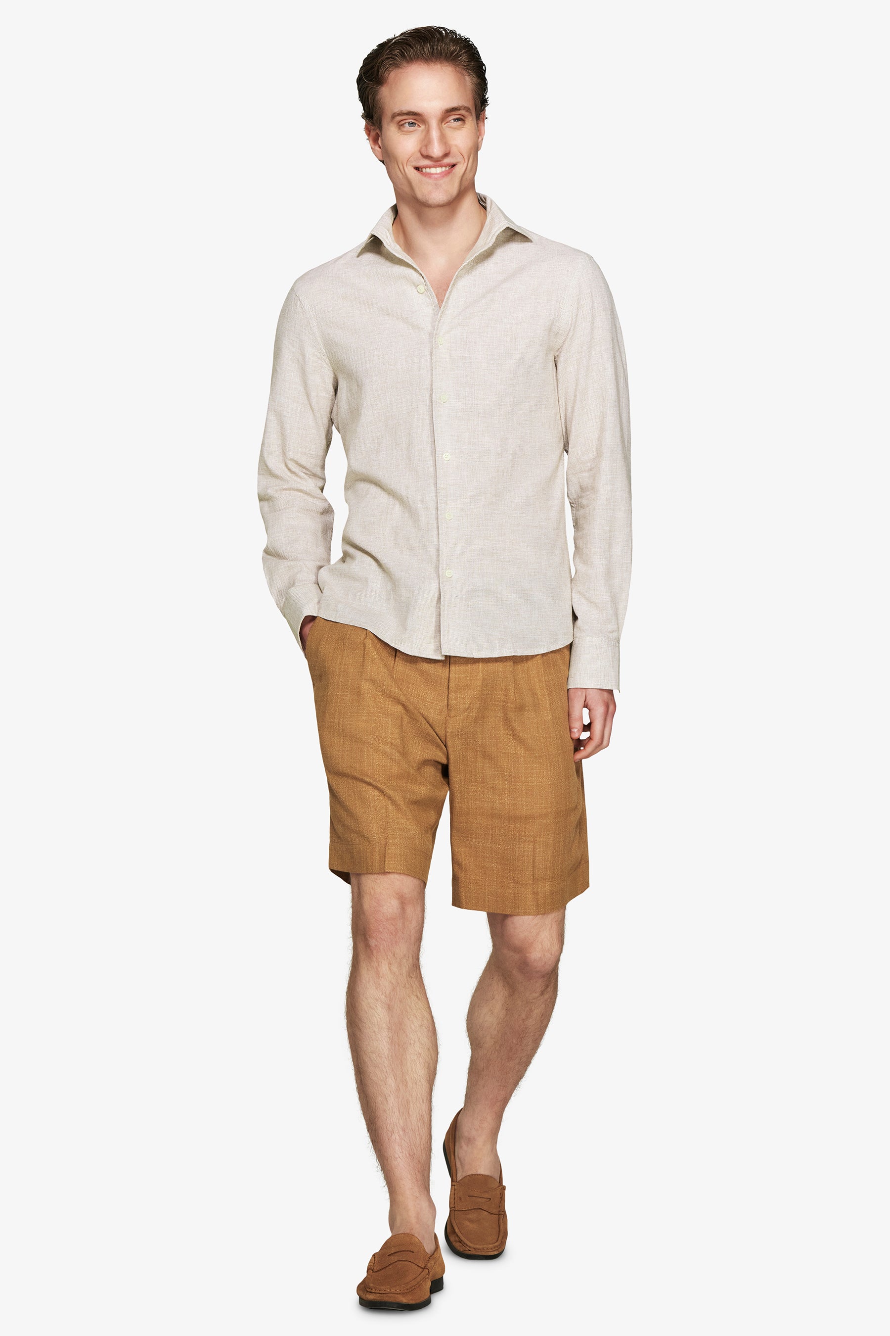 Tobacco micro pattern linen blend shirt