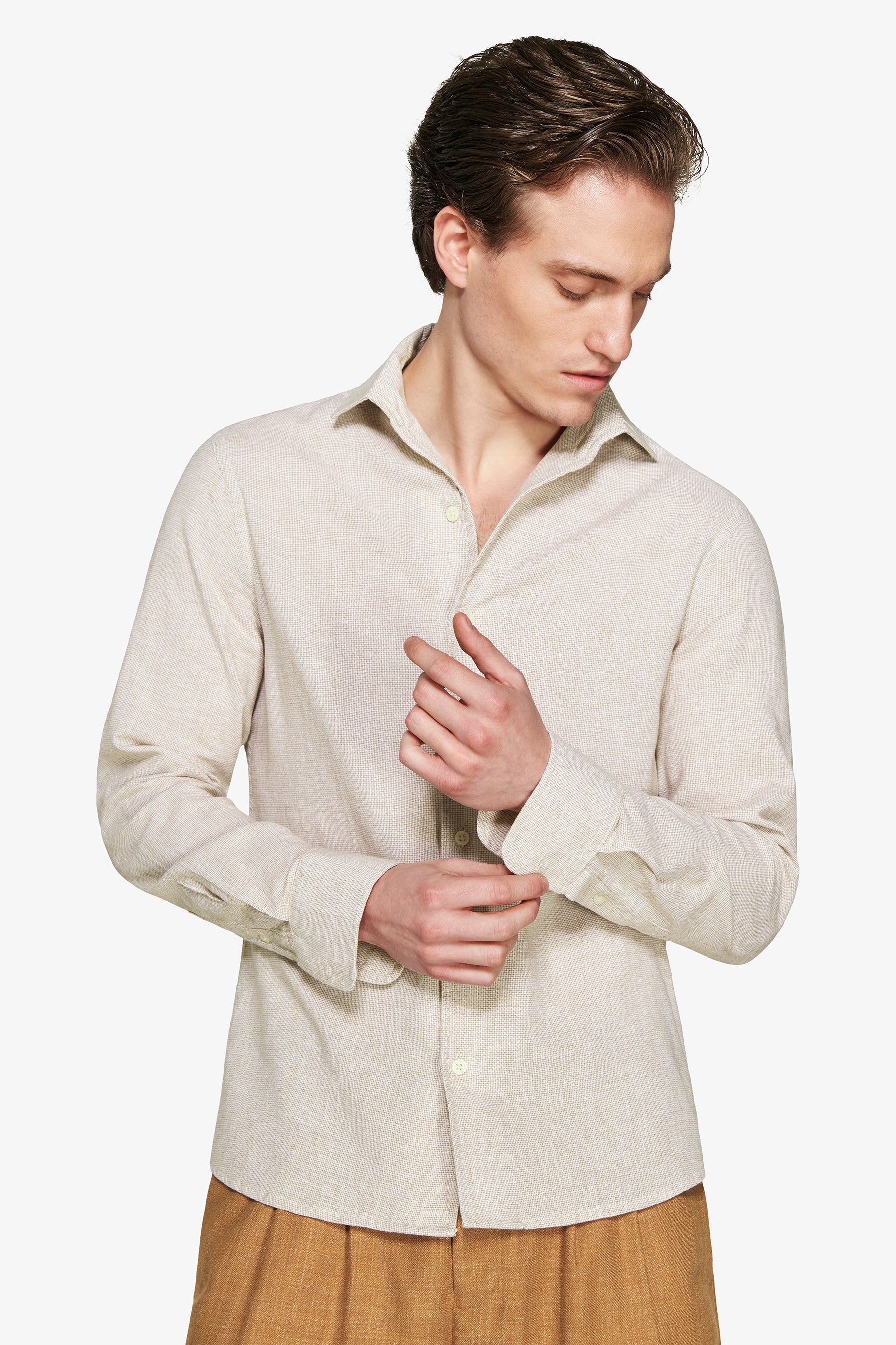 Tobacco micro pattern linen blend shirt