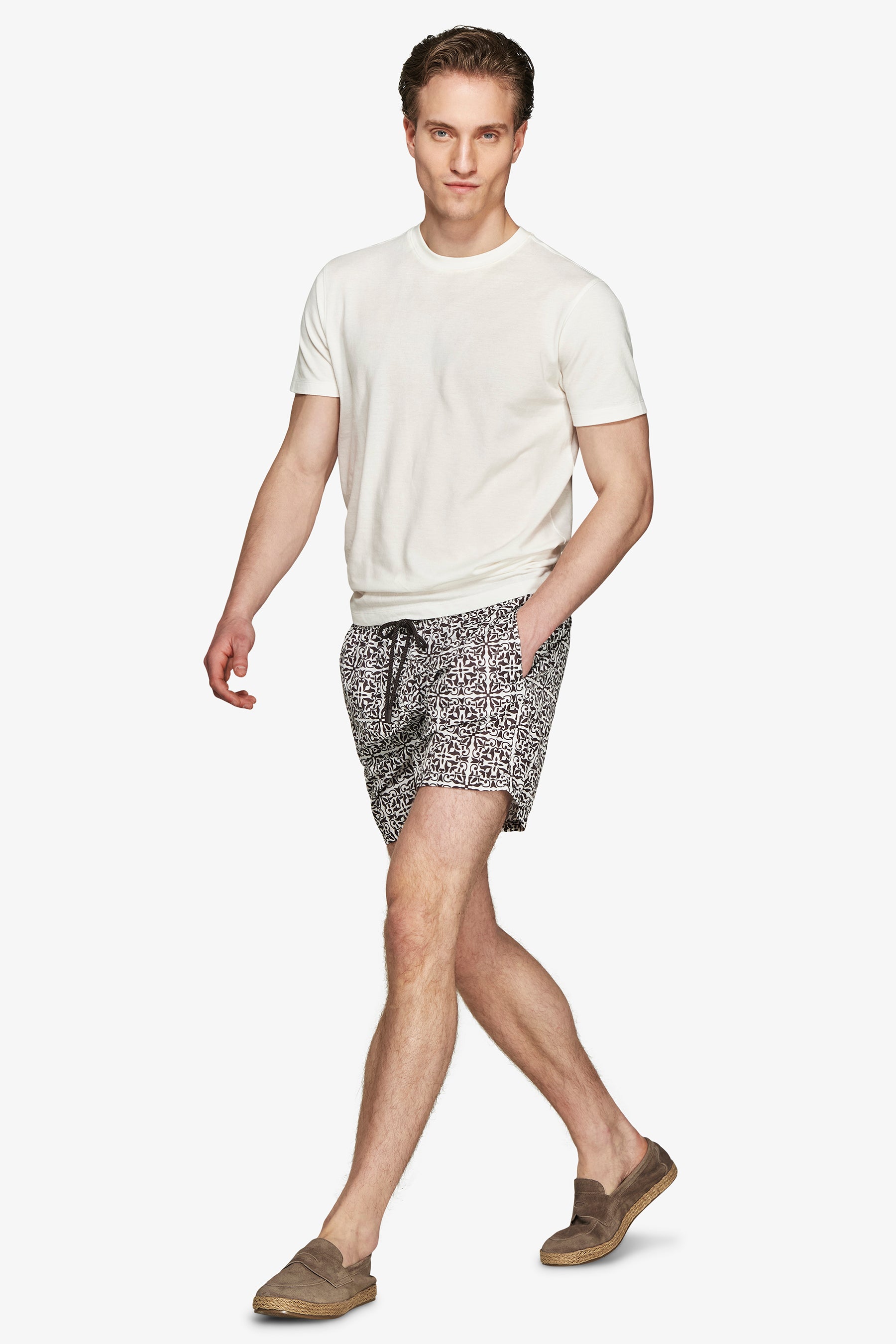 Dark brown ethnic print swim trunks
