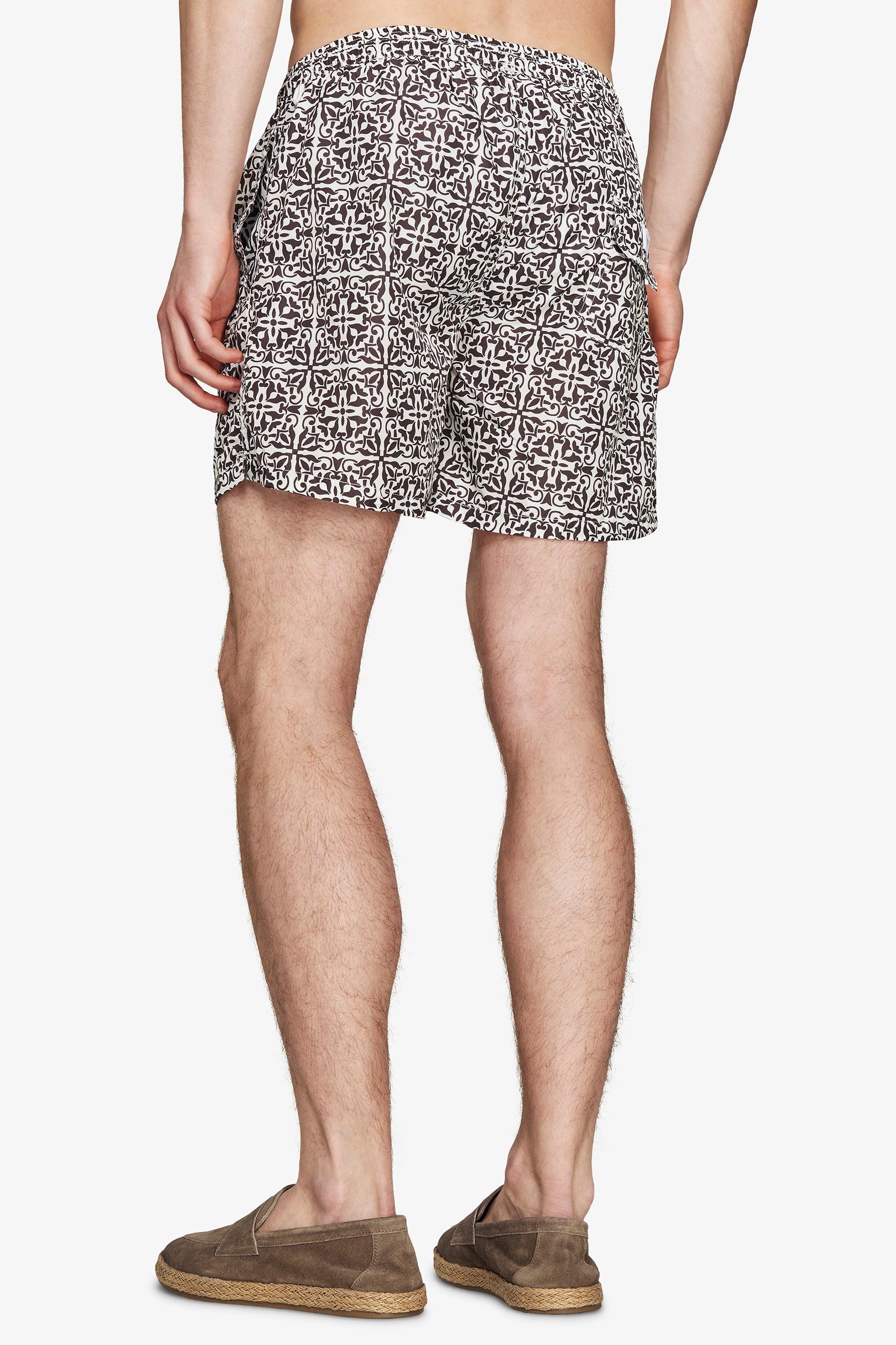 Dark brown ethnic print swim trunks