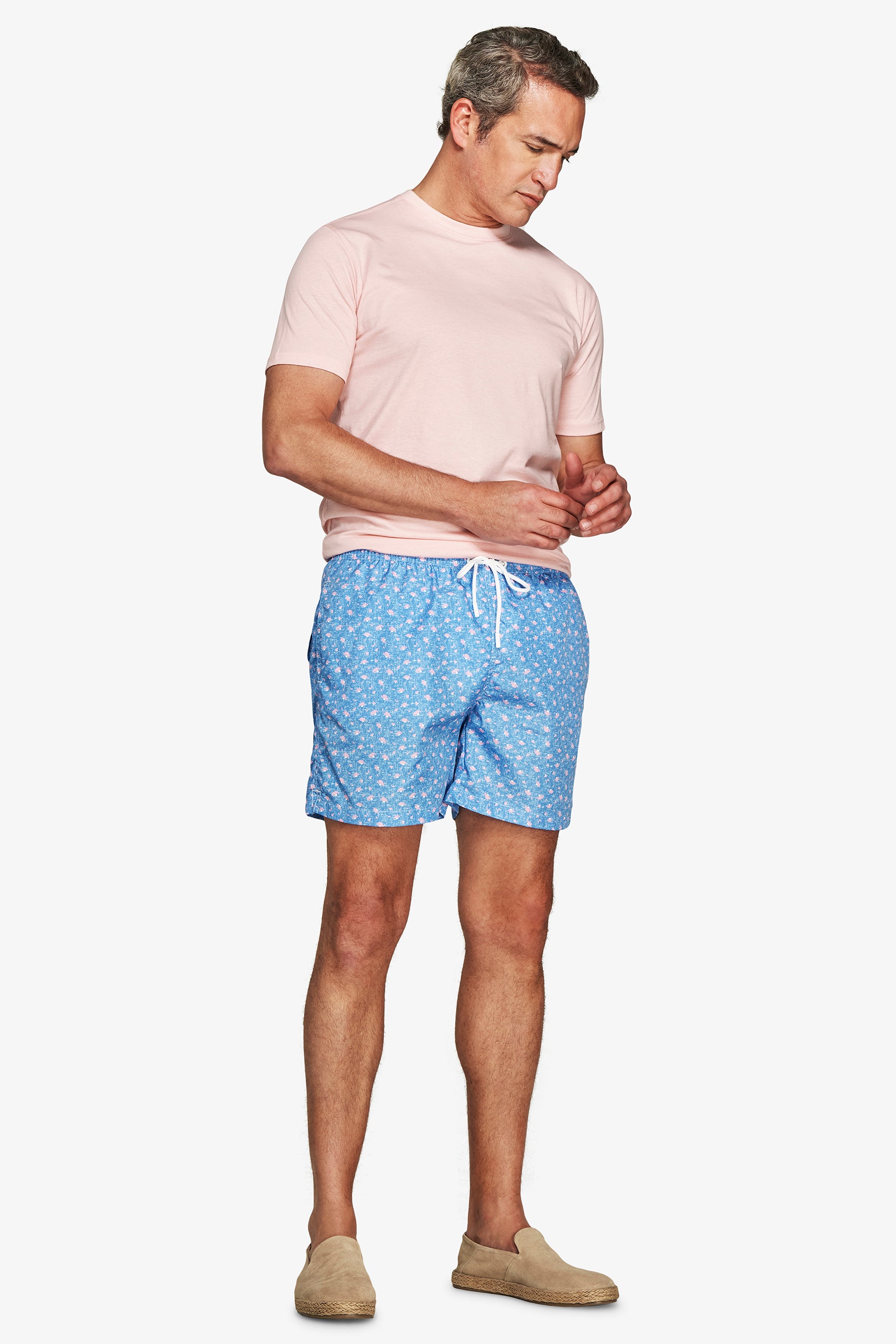 Light blue micro floral print swim trunks