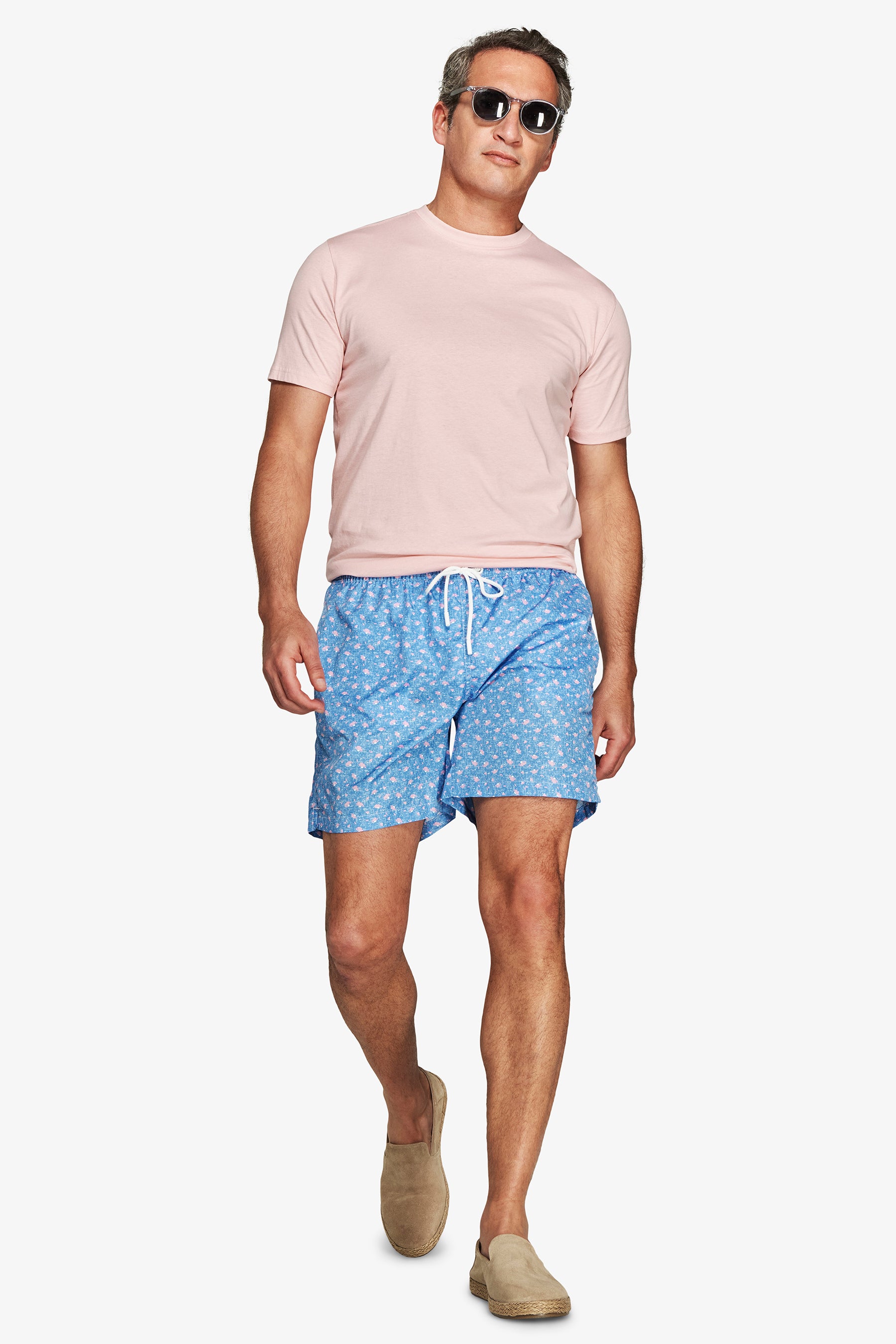 Light blue micro floral print swim trunks