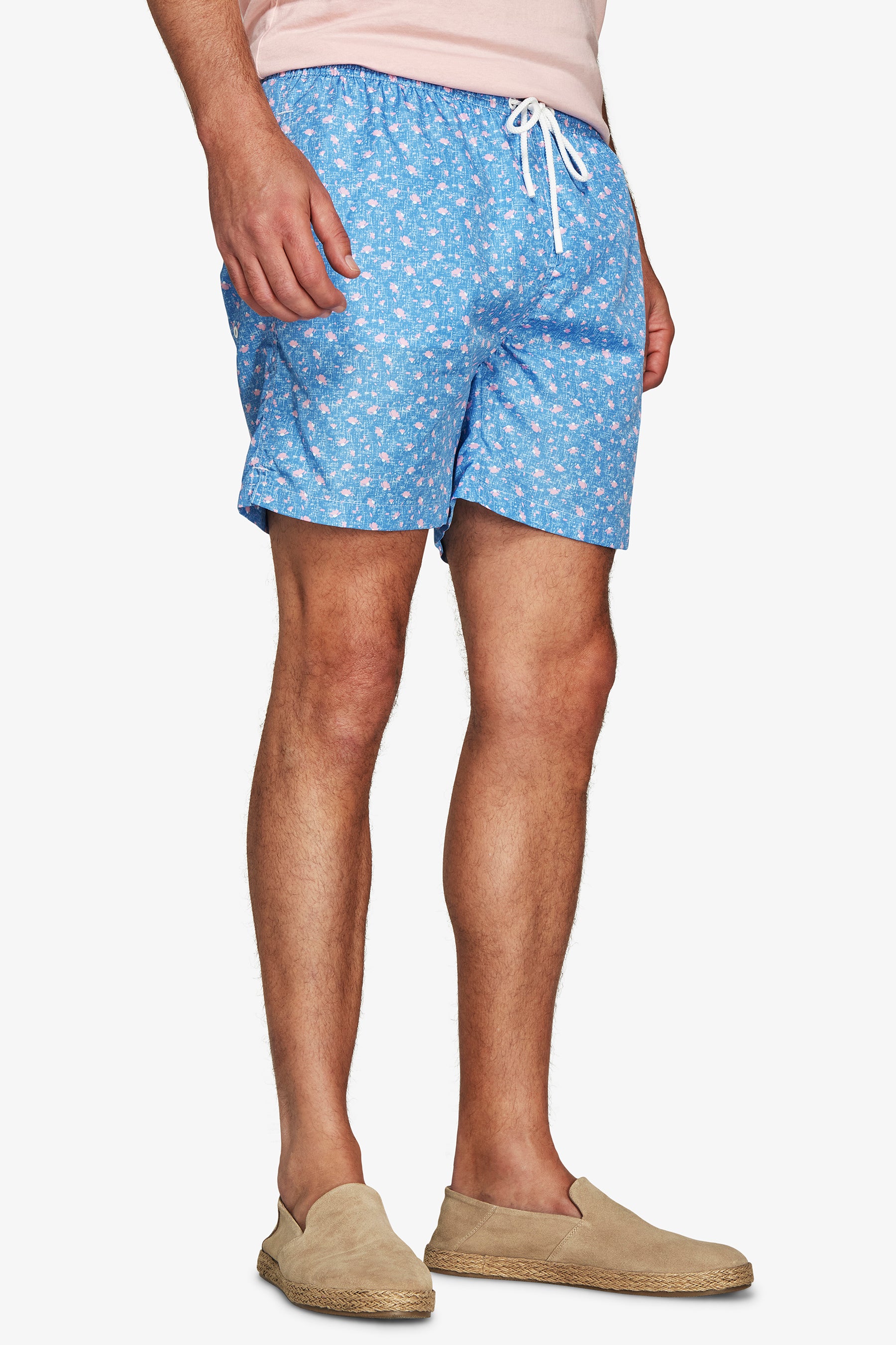 Light blue micro floral print swim trunks