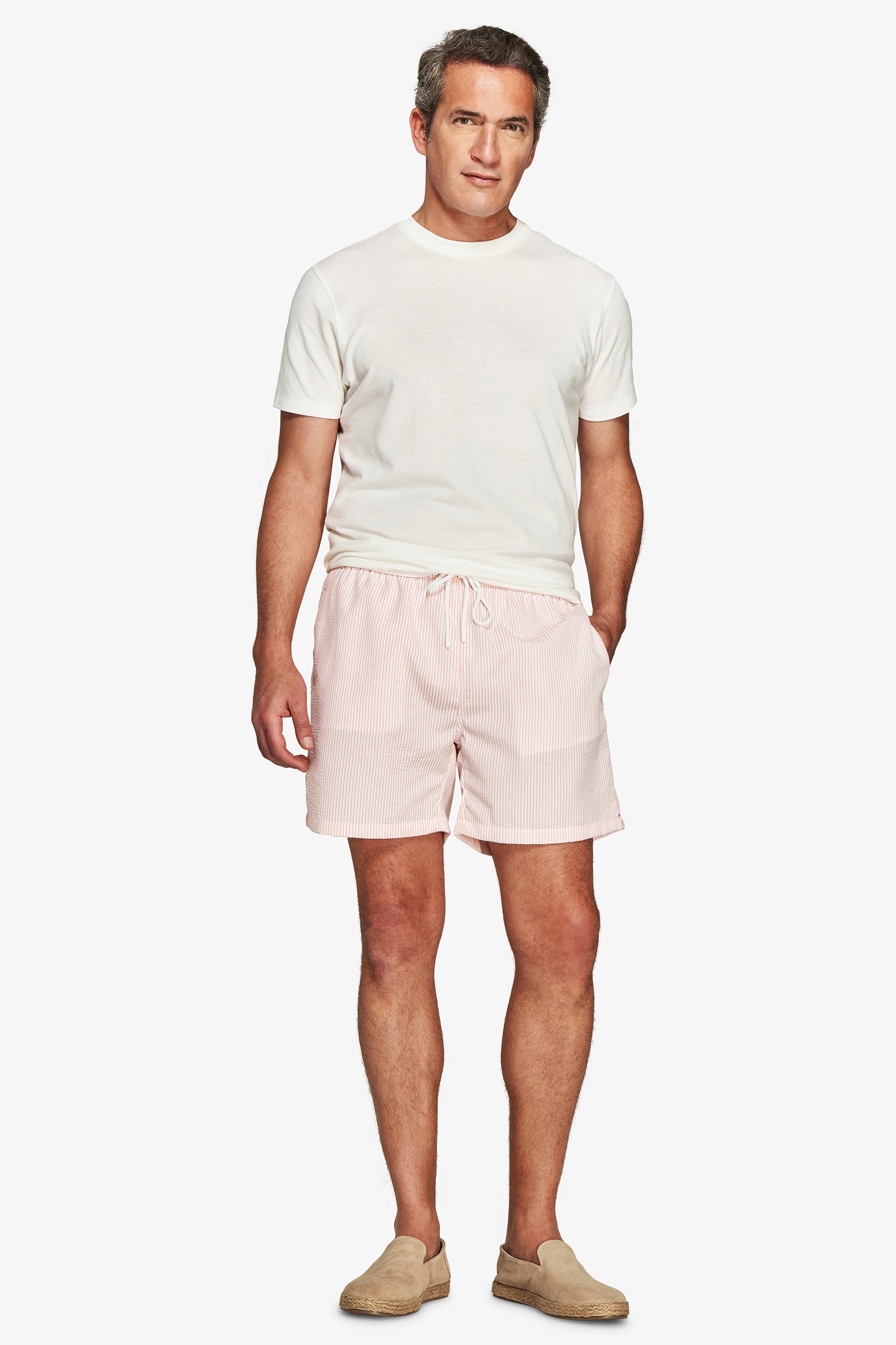 Pink striped seersucker swim trunks