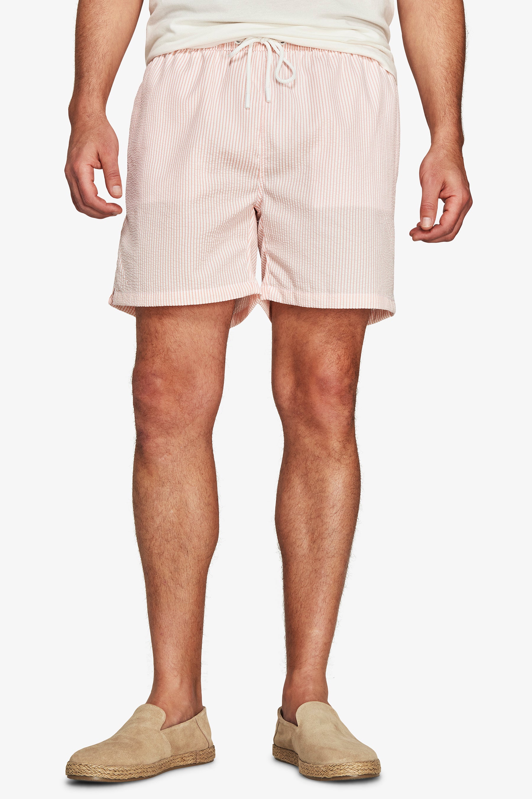 Pink striped seersucker swim trunks