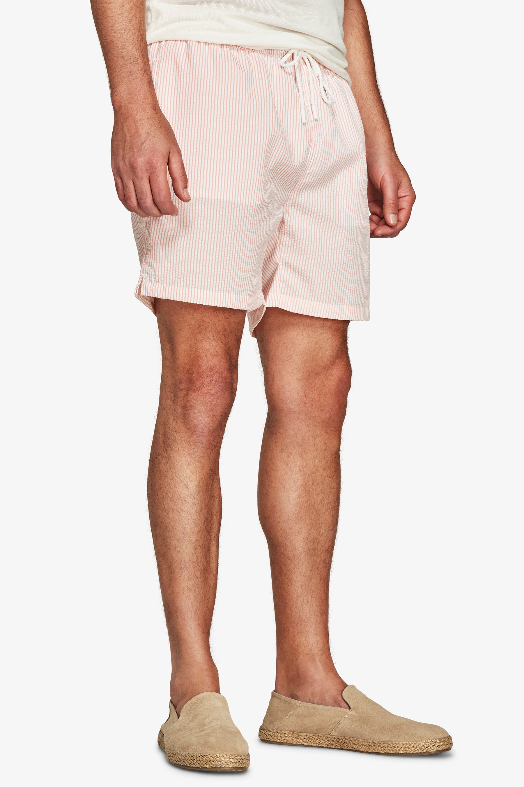 Pink striped seersucker swim trunks