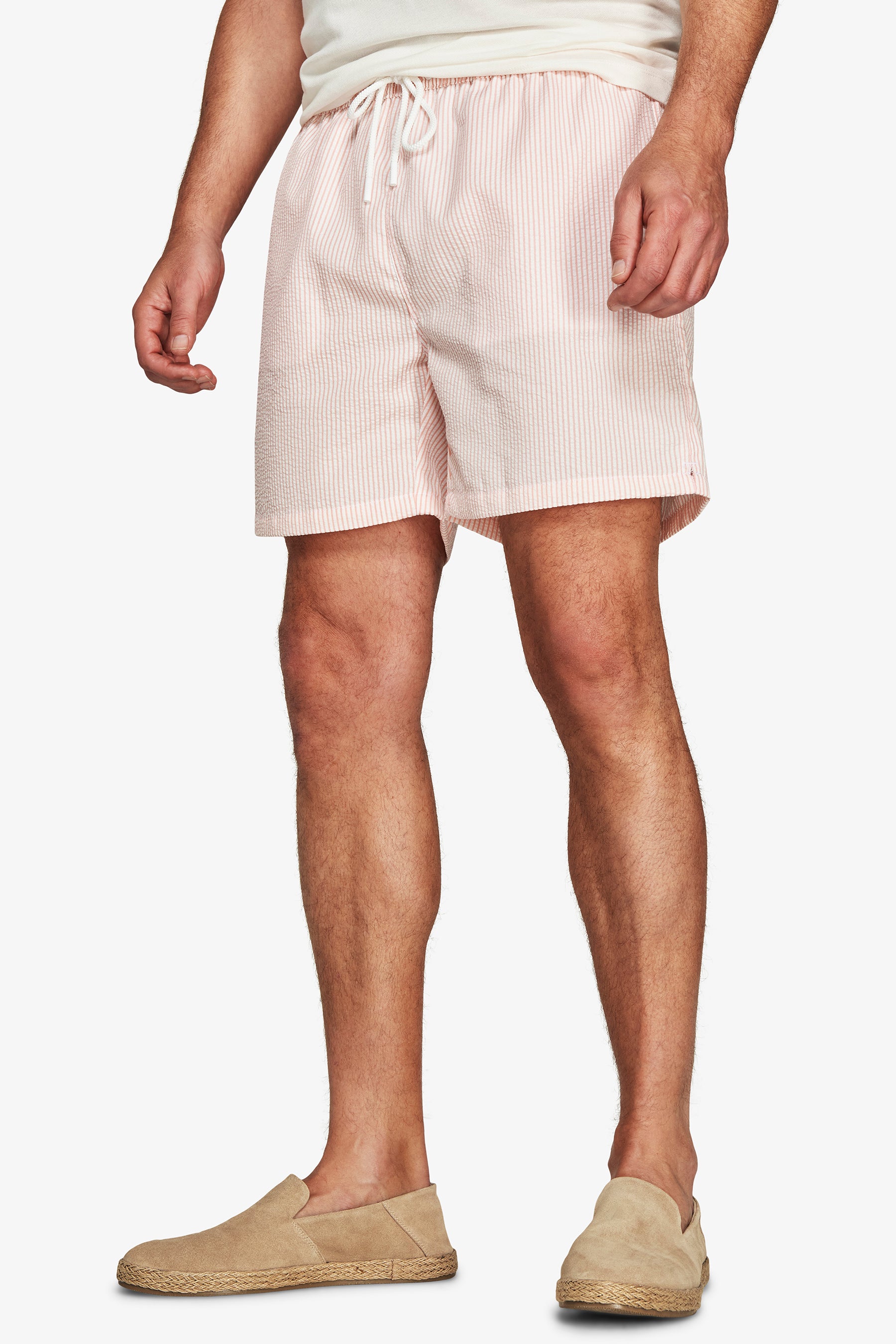 Pink striped seersucker swim trunks