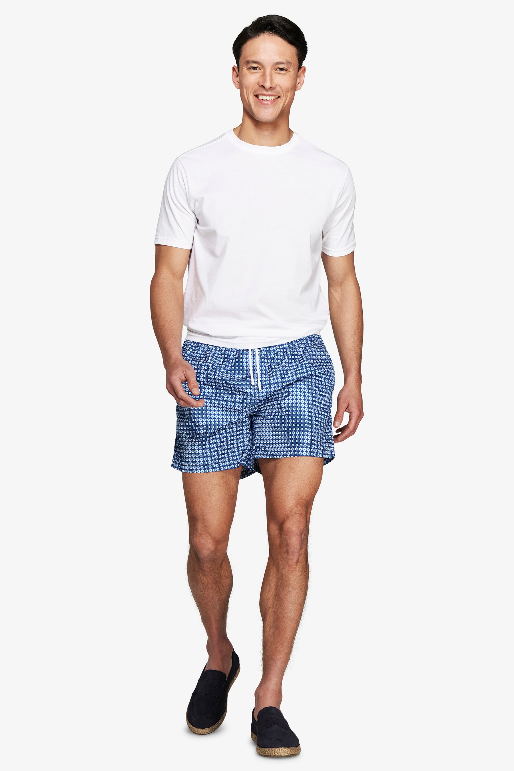 Blue geometric print swim trunks