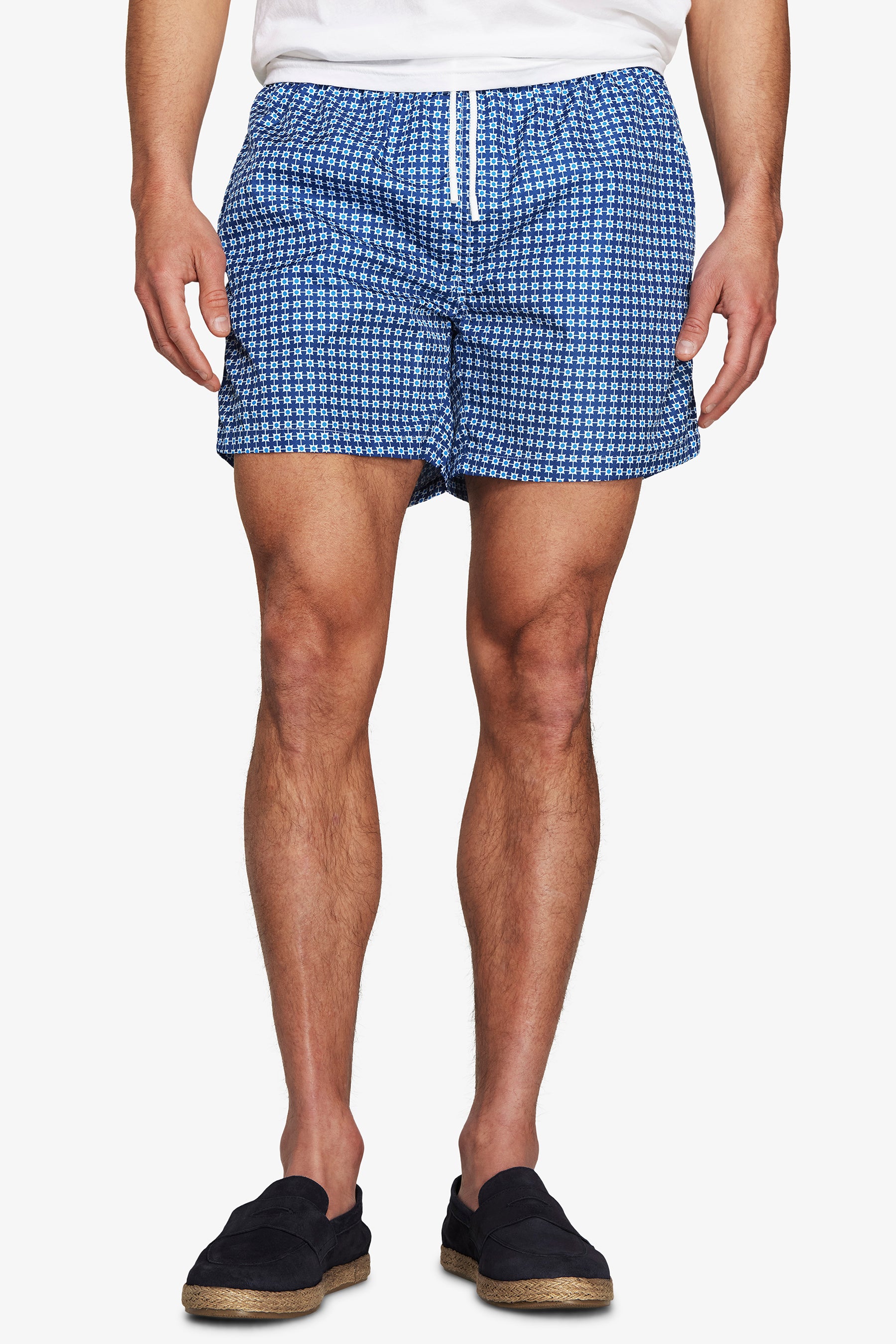 Blue geometric print swim trunks