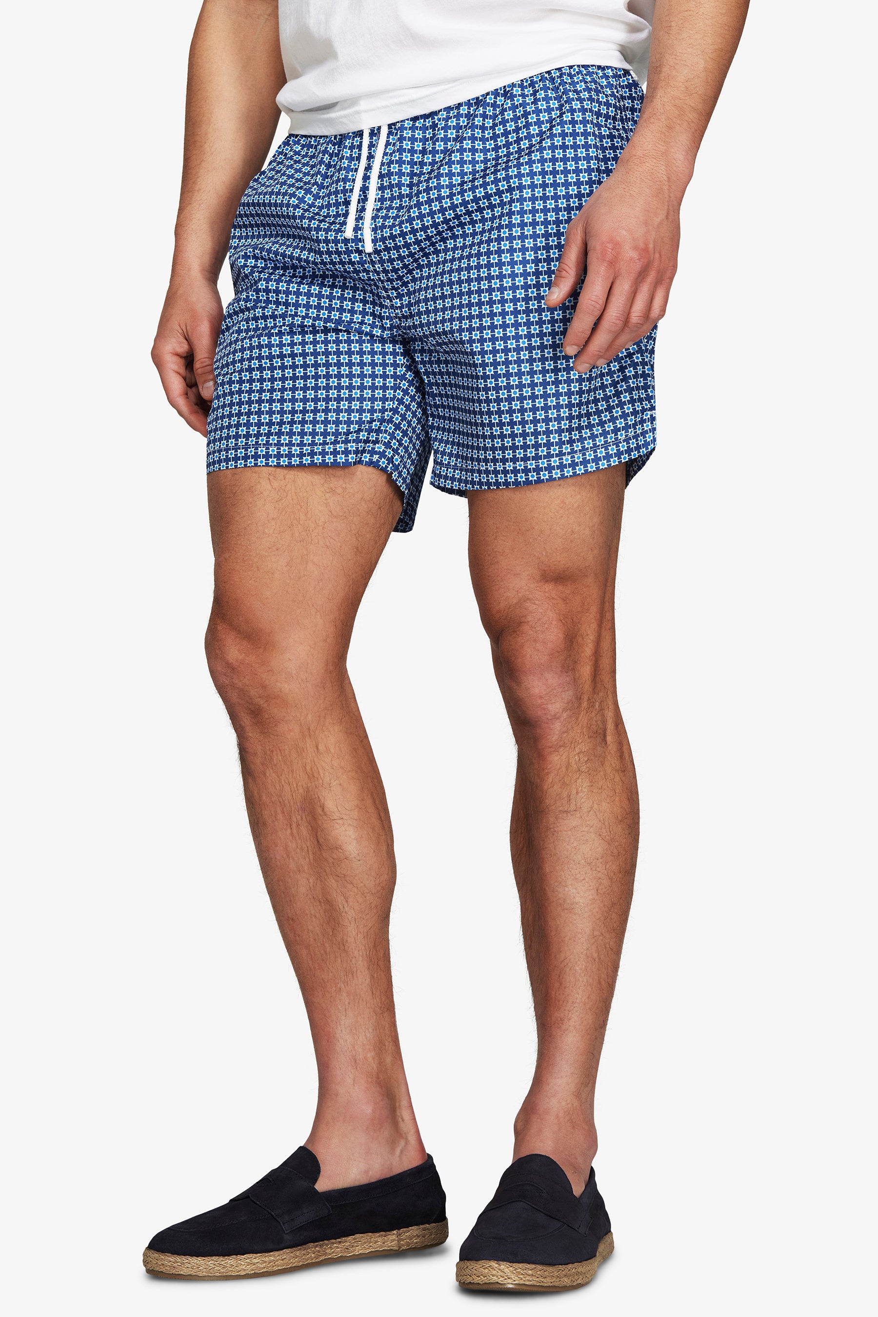 Blue geometric print swim trunks