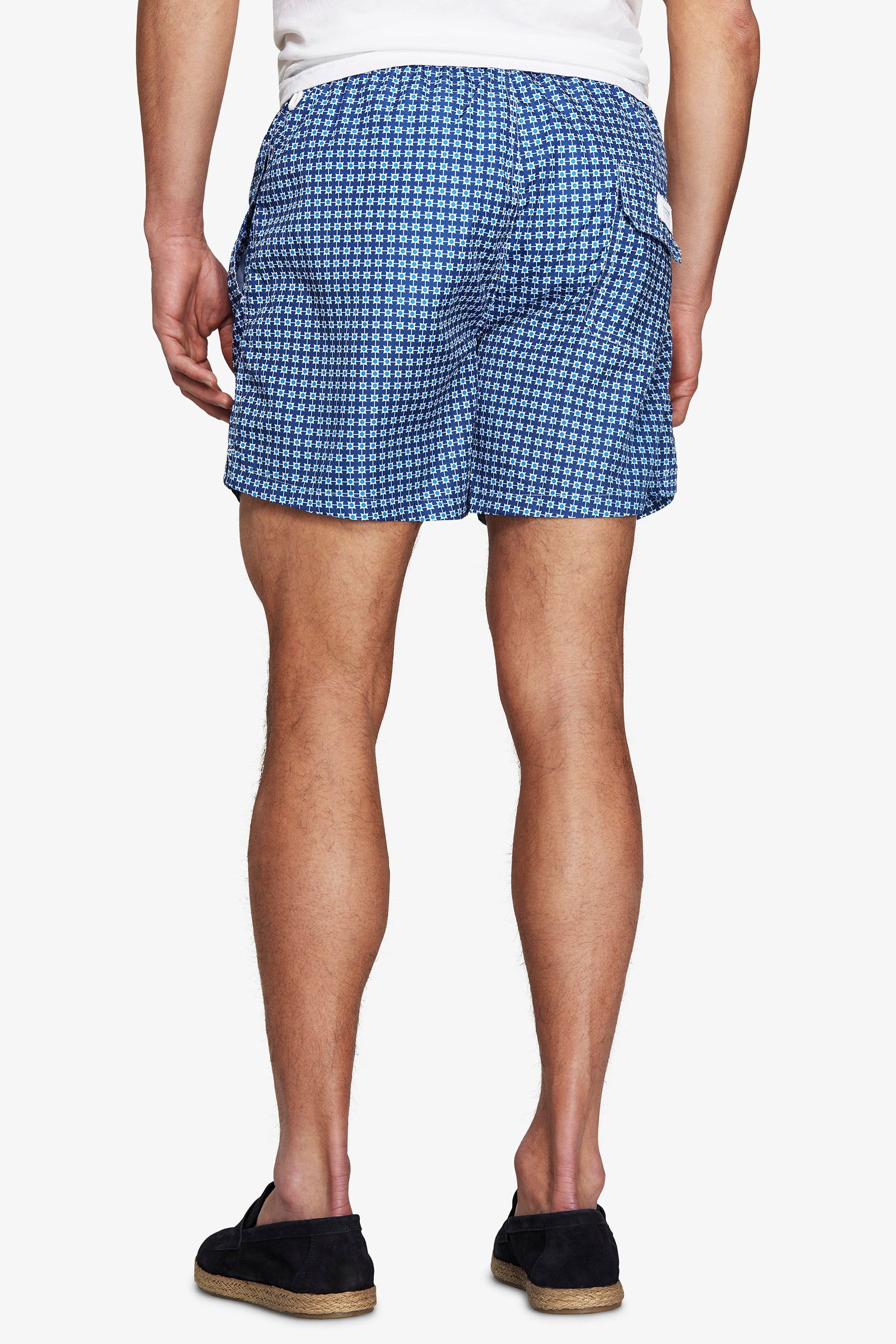 Blue geometric print swim trunks