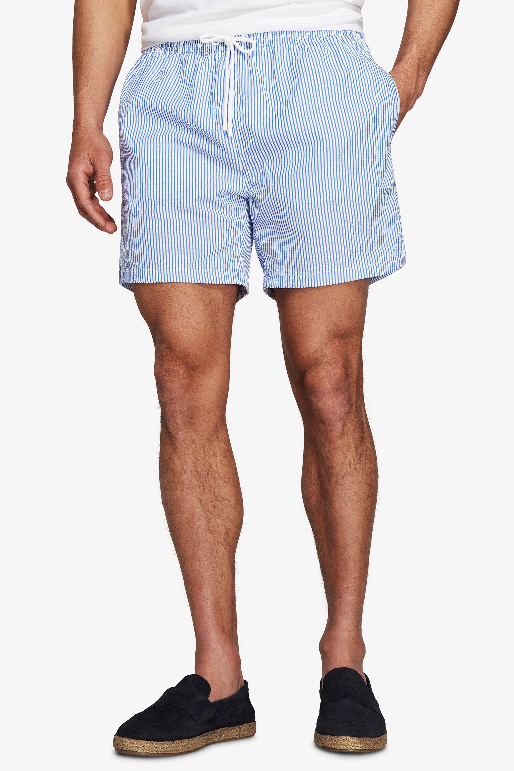 Light blue seersucker striped swim trunks