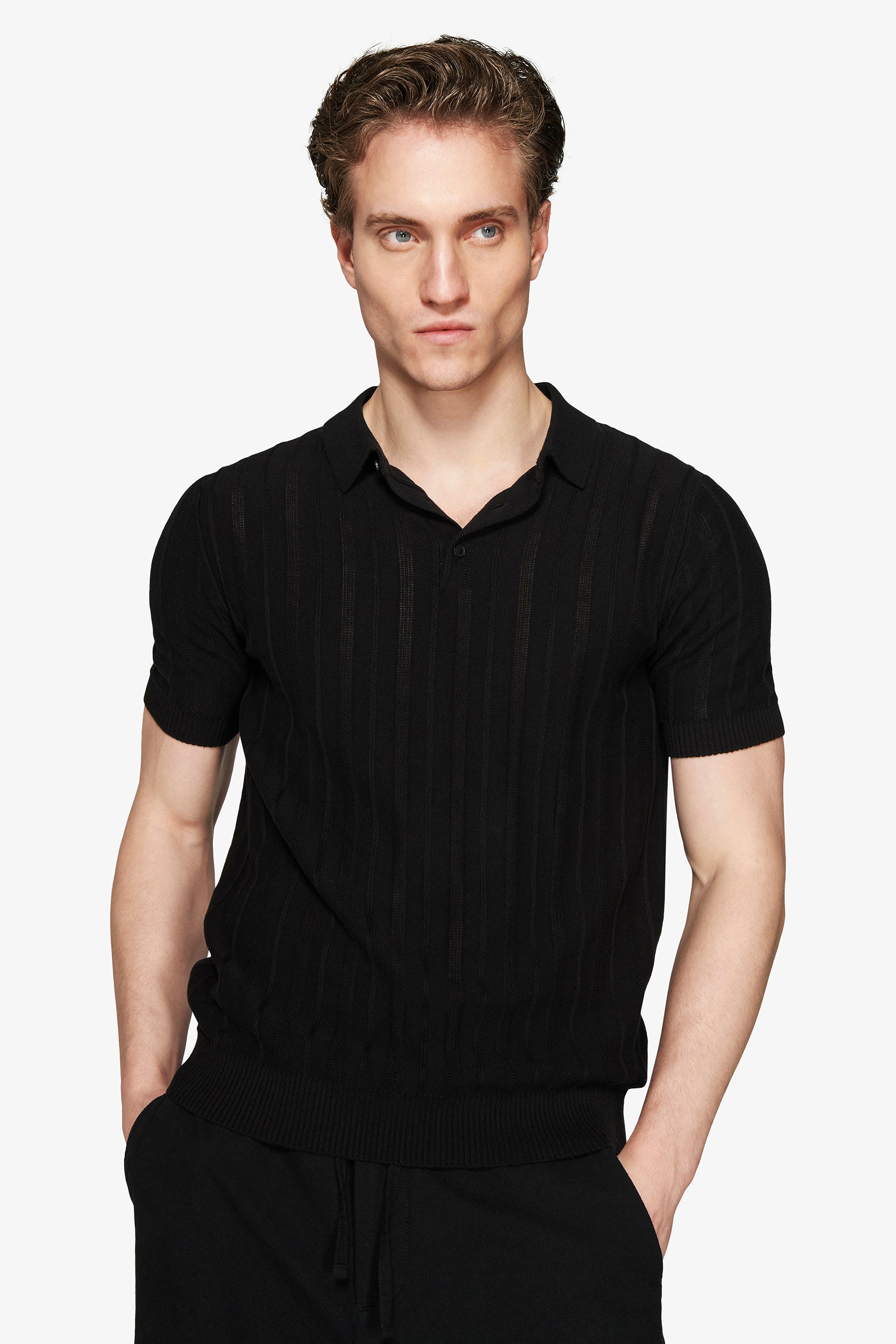 Polo in maglia traforata nera-Dan John