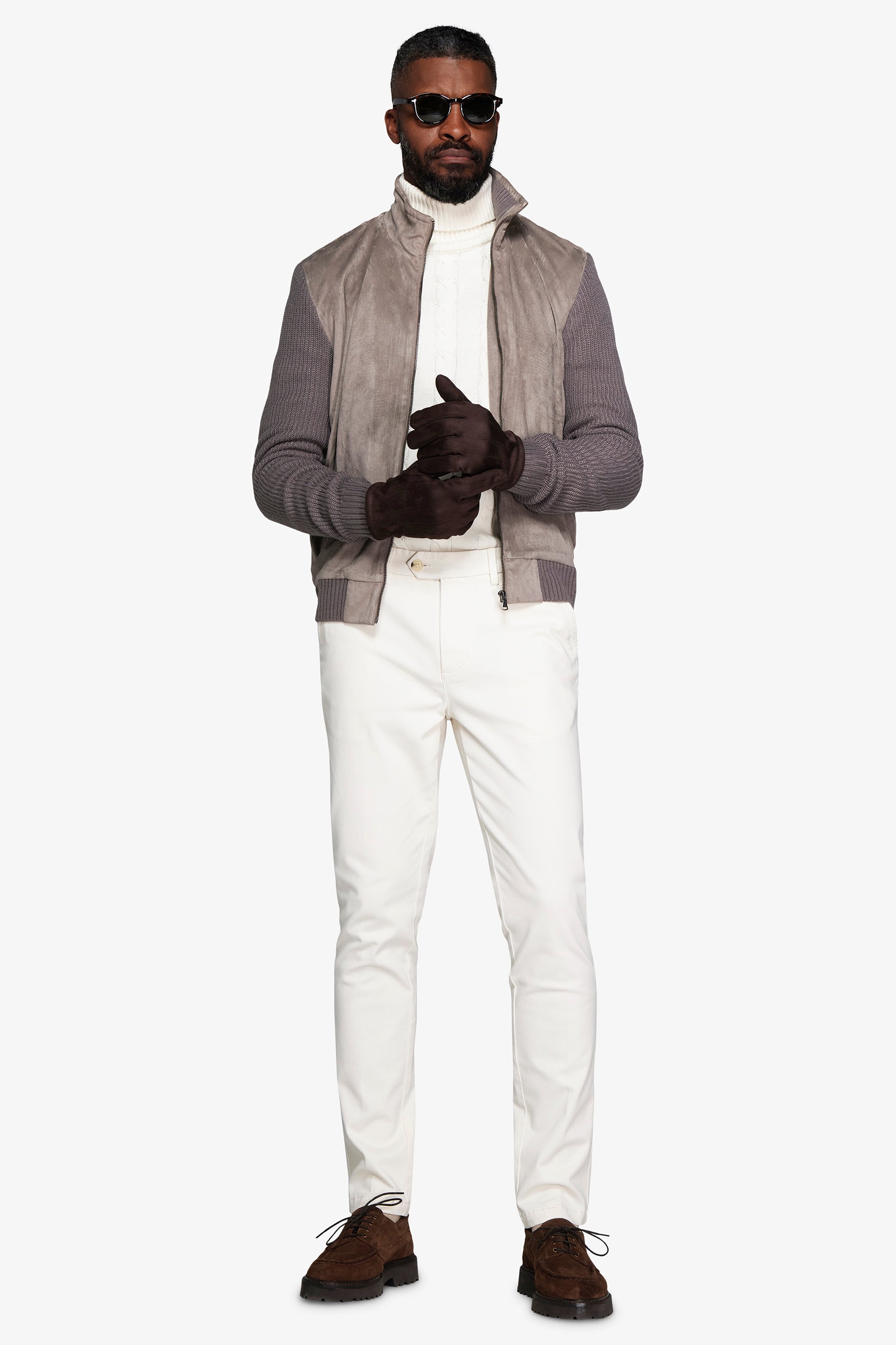 Taupe dual material knit bomber jacket