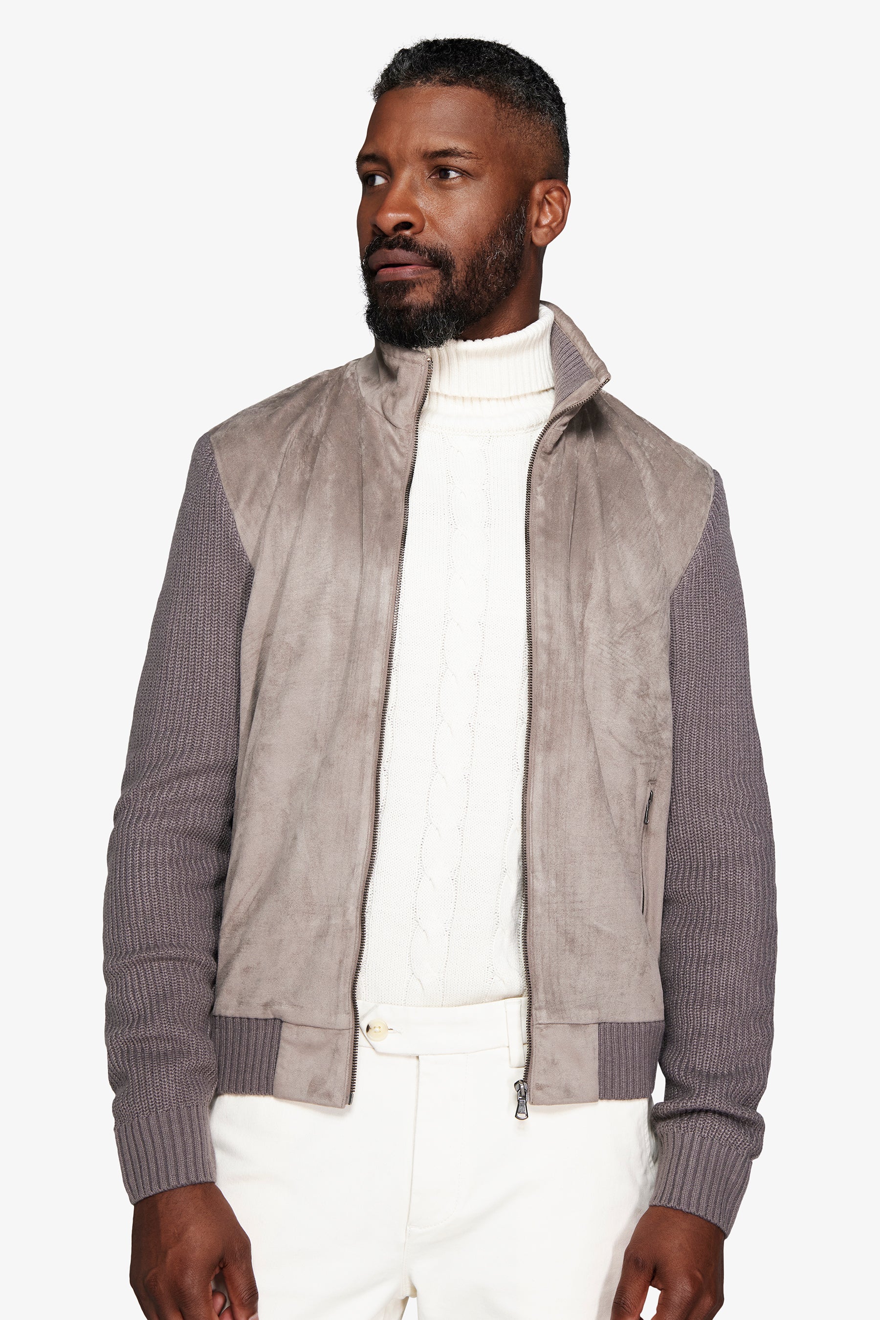 Taupe dual material knit bomber jacket