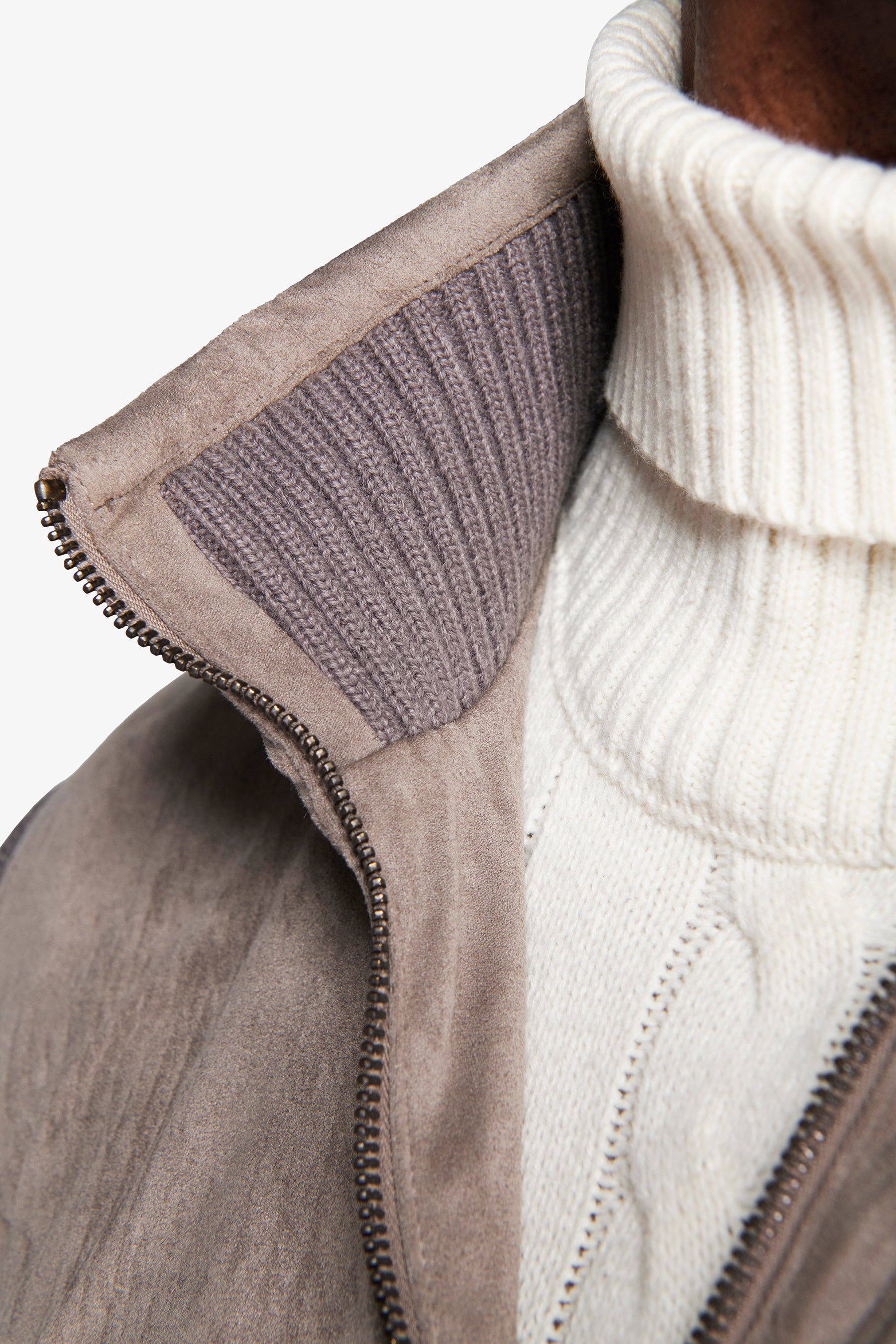 Taupe dual material knit bomber jacket