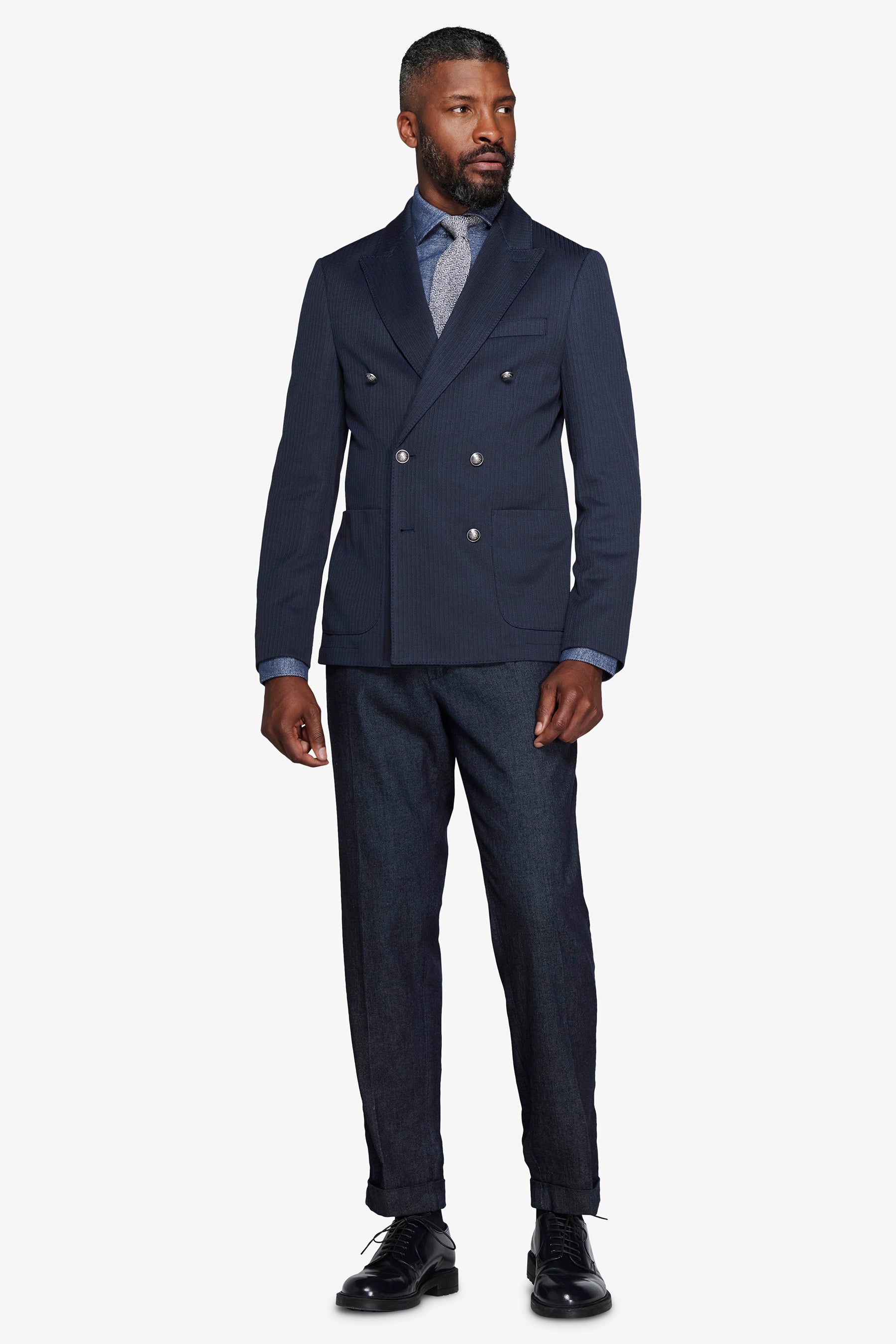 Blue double-breasted textured jersey blazer