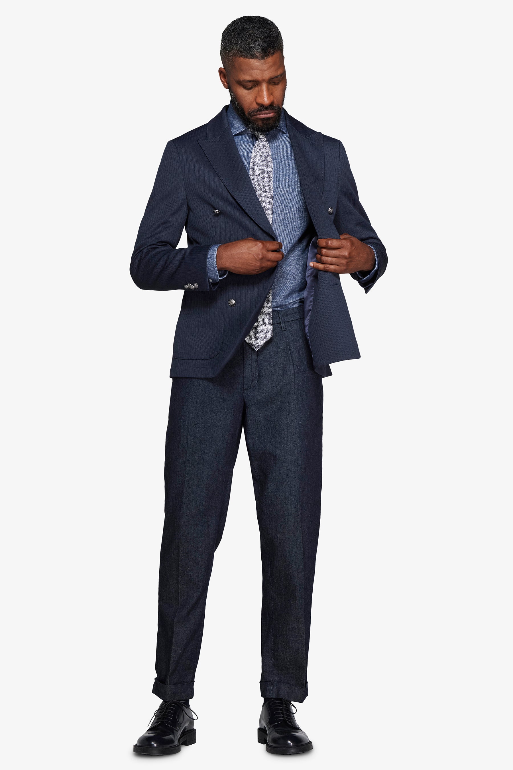 Blue double-breasted textured jersey blazer