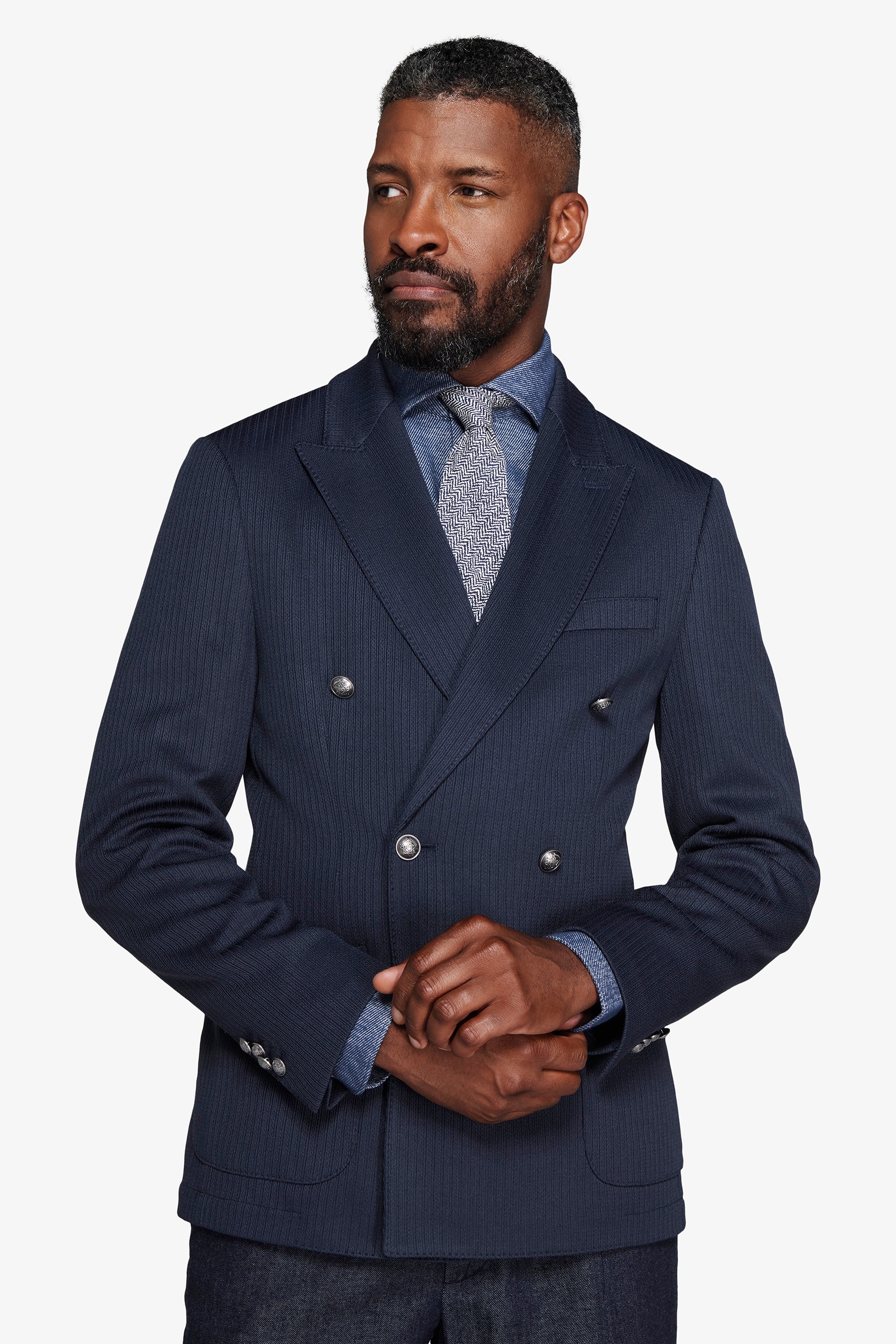 Blue double-breasted textured jersey blazer