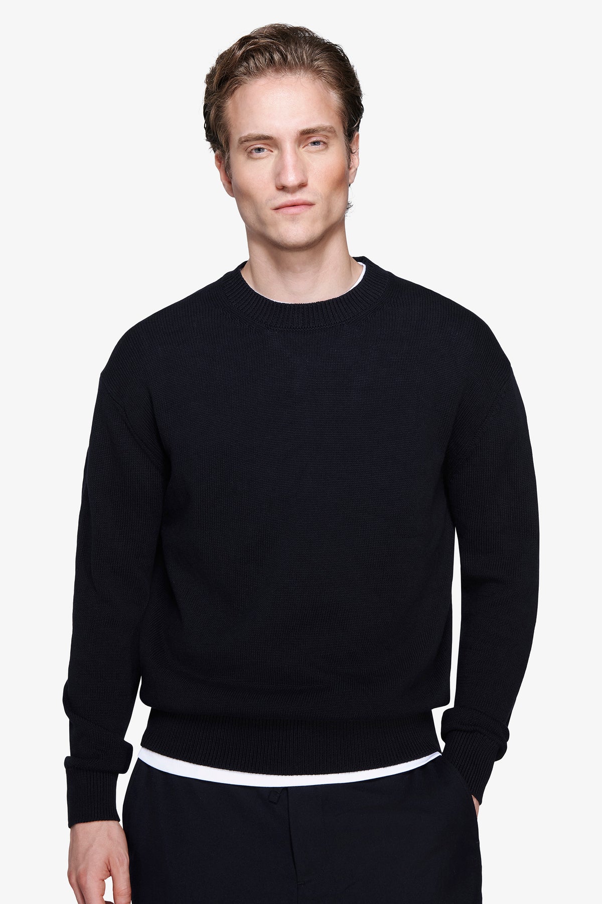 Pull bleu à col rond uni