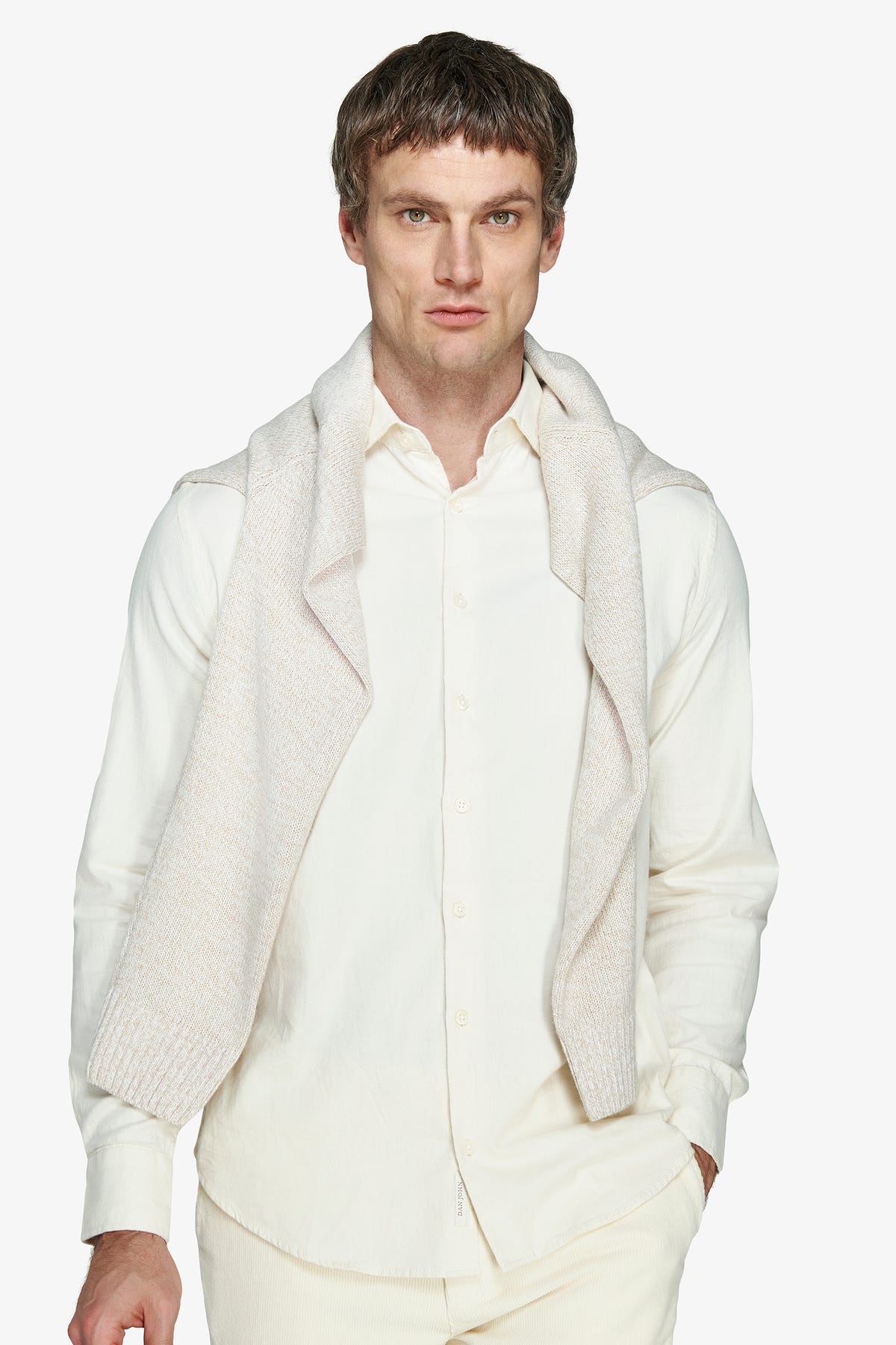 Cream fine-stripe leisure shirt