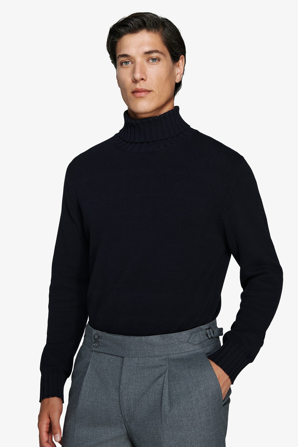 Blue stockinette-knit turtleneck