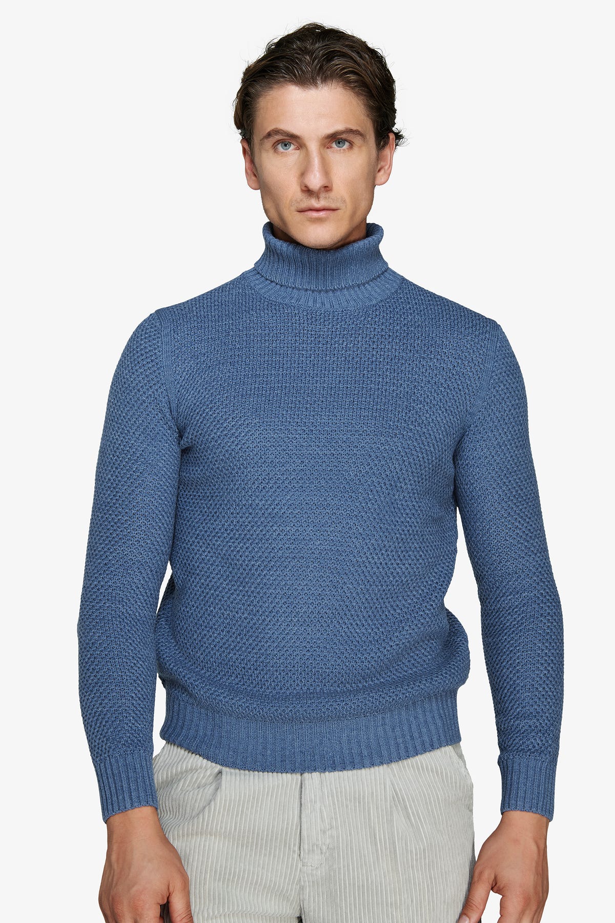 Powder blue basket-stitch turtleneck