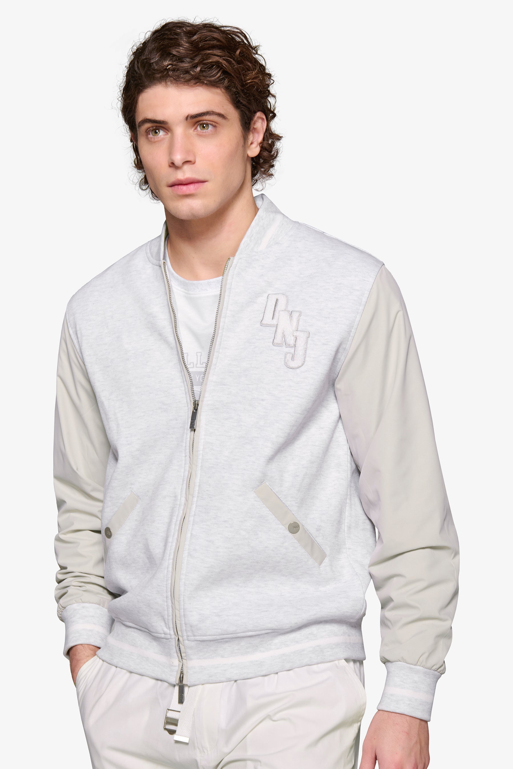Bomber corto bimaterico DNJ grigio melange-Dan John
