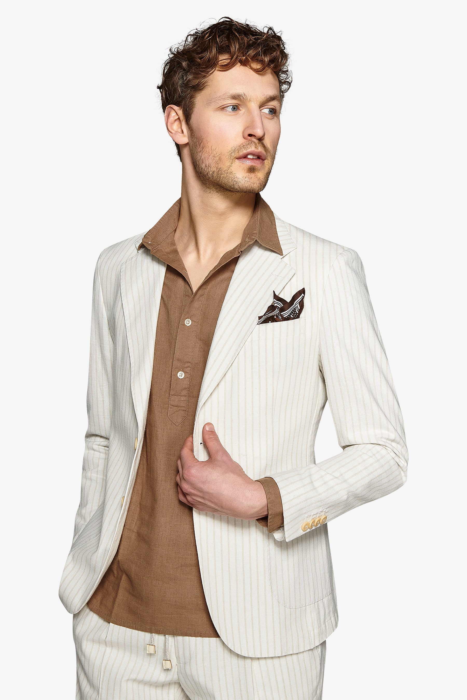 Giacca da abito a righe misto lino ecru slim-Dan John