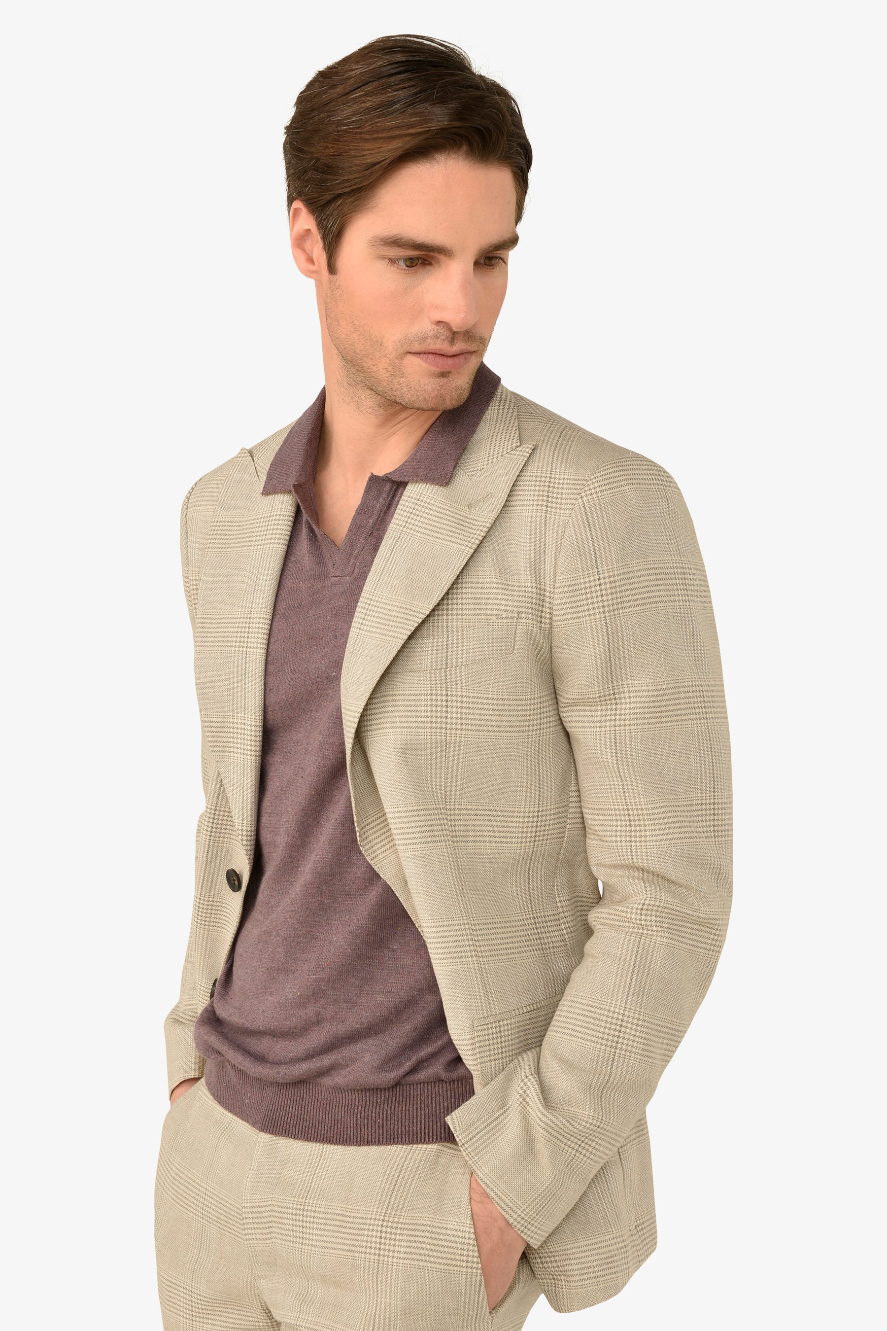 Giacca da abito destrutturata principe di galles sabbia slim-Dan John