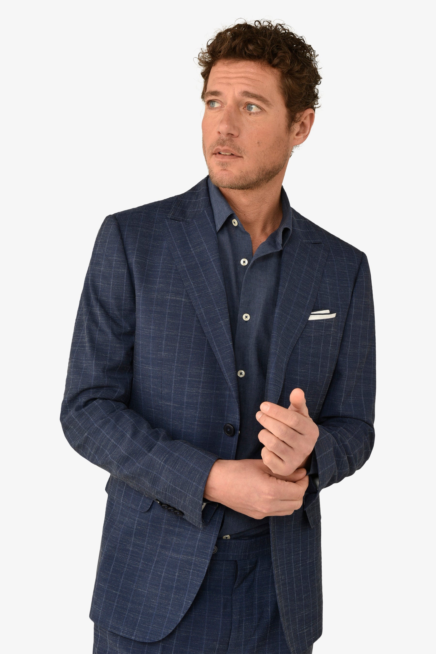 Giacca da abito gessata fiammata blu slim-Dan John