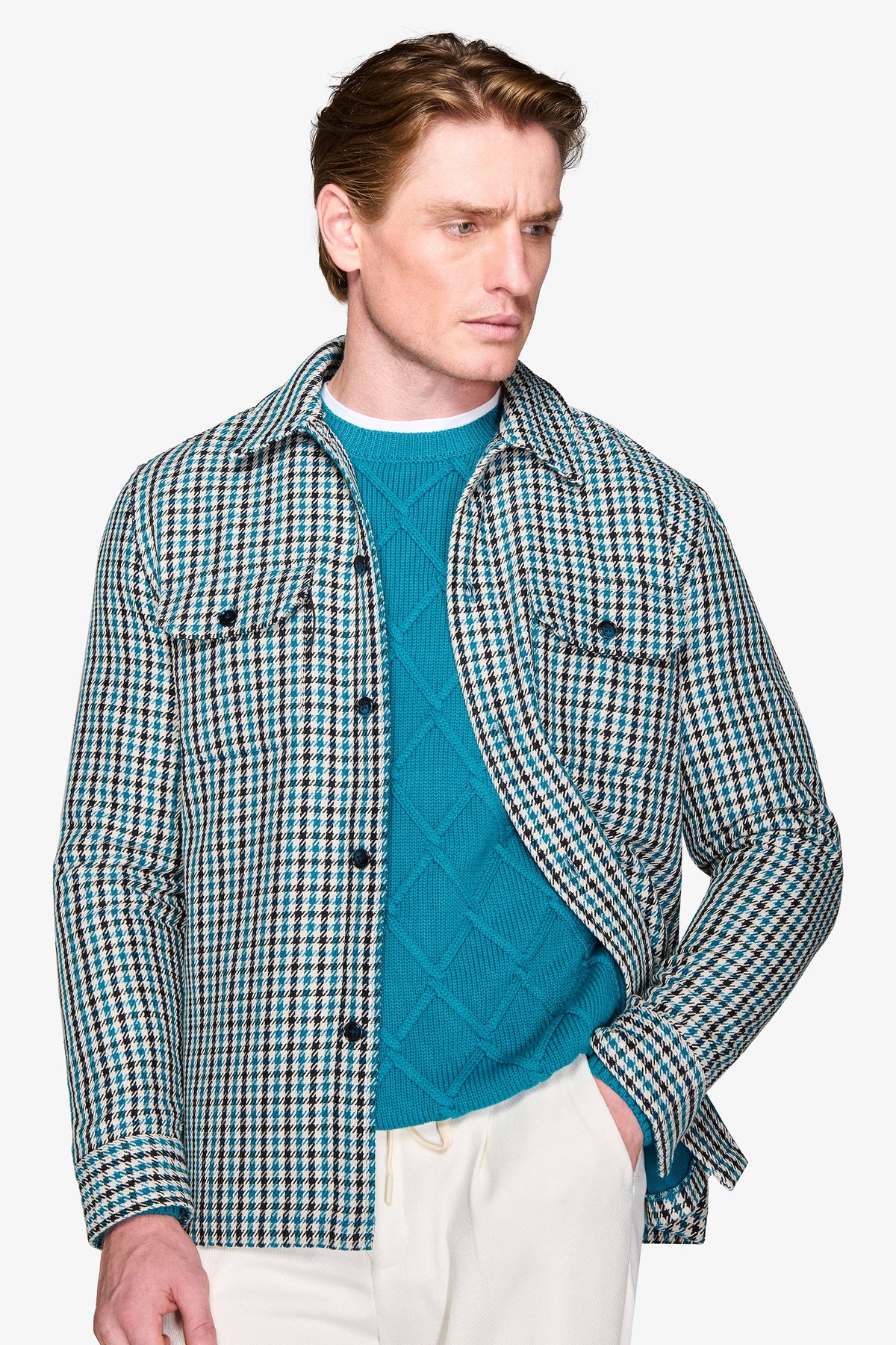 Overshirt Pied de Poule petrolio "Olden"-Dan John