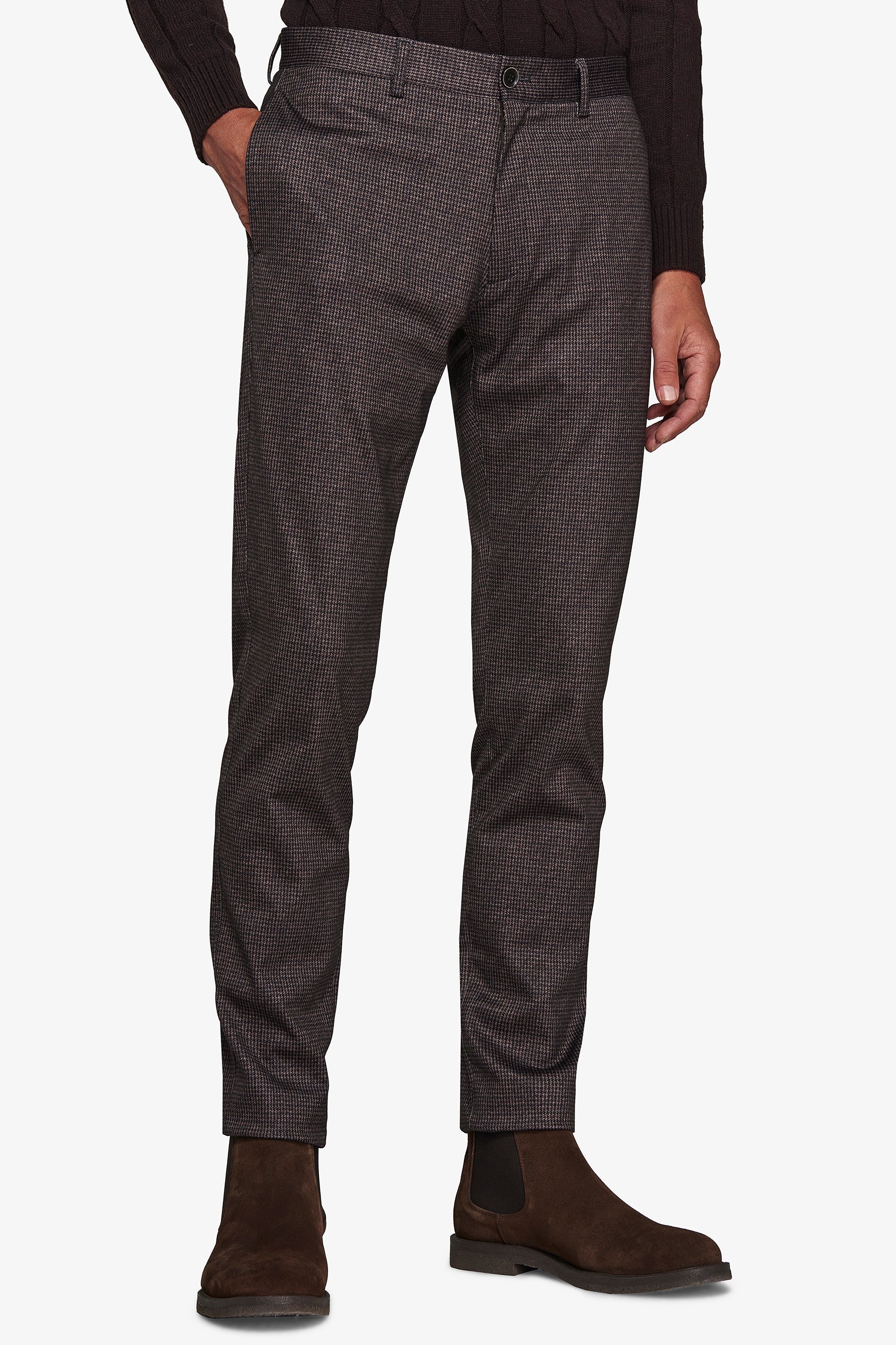 Pantaloni in jersey stretch pied de poule marrone-Dan John